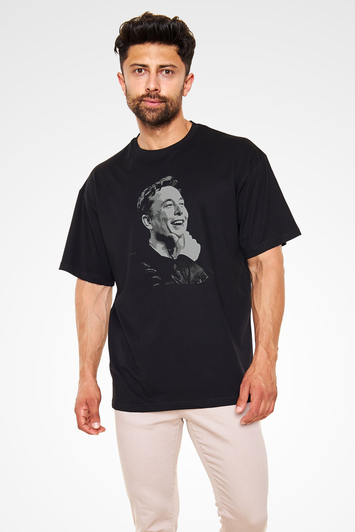 Elon Musk Baskılı Unisex Siyah Oversize Tişört - Tshirt