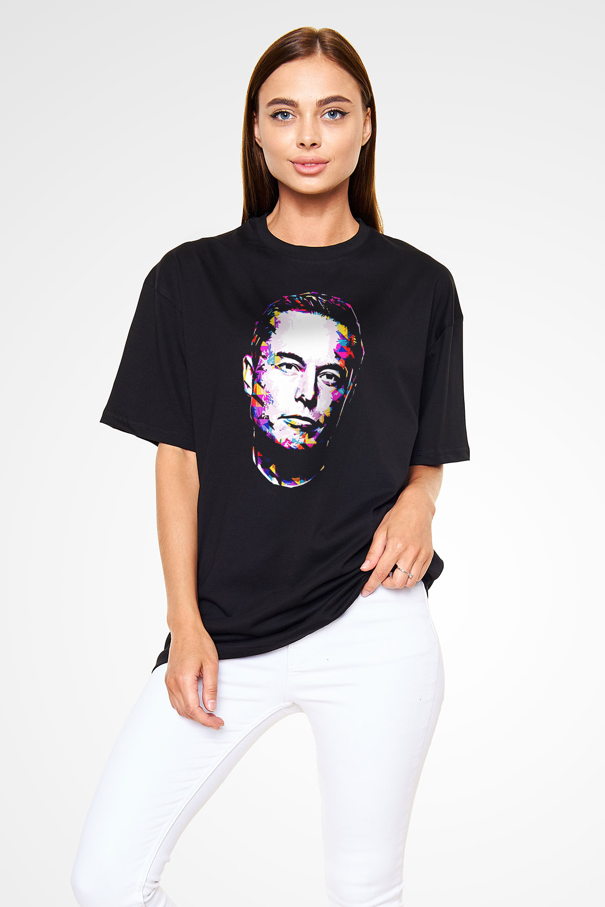 Elon Musk Baskılı Unisex Siyah Oversize Tişört - Tshirt