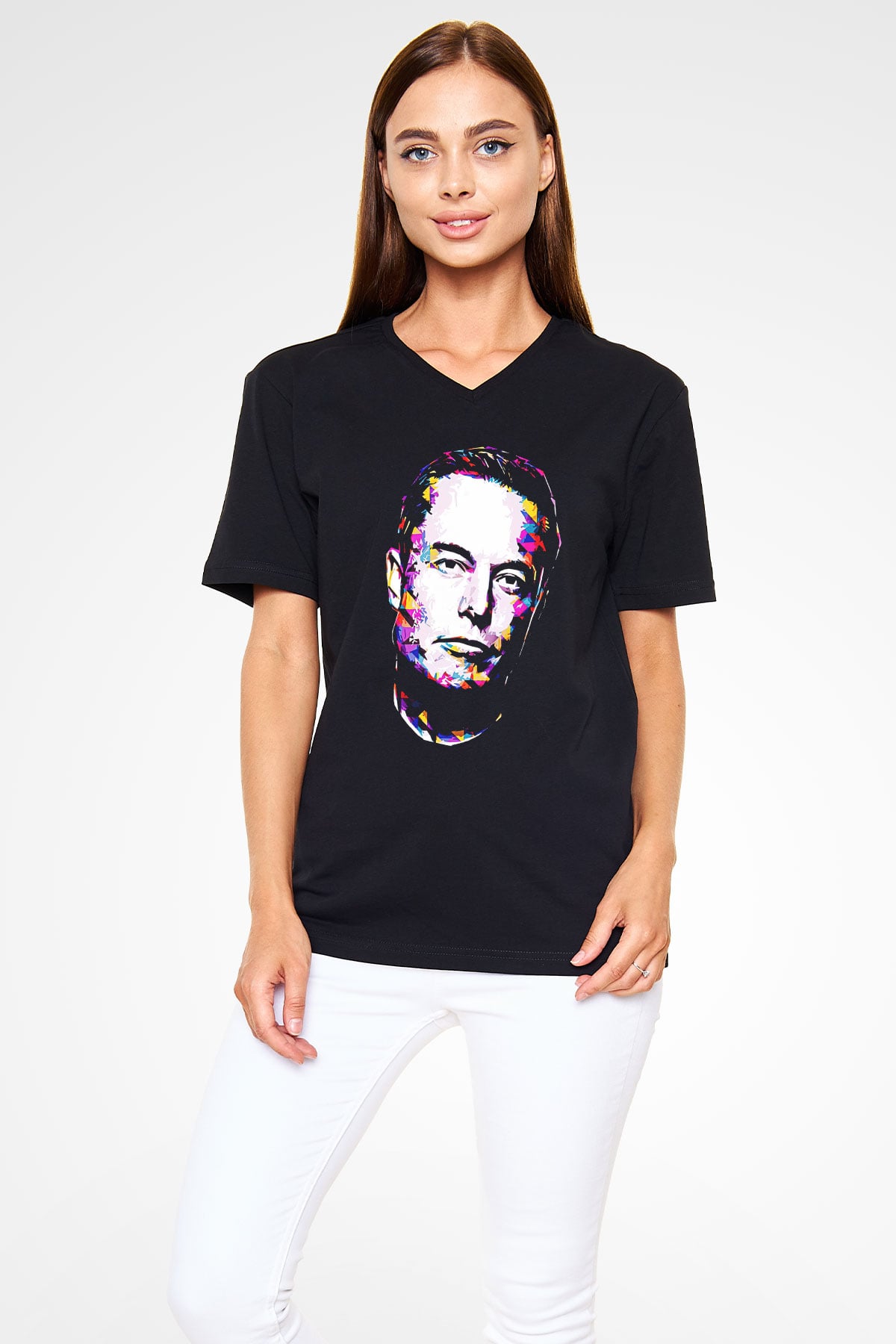 Elon Musk Baskılı Unisex Siyah V Yaka Tişört - Tshirt