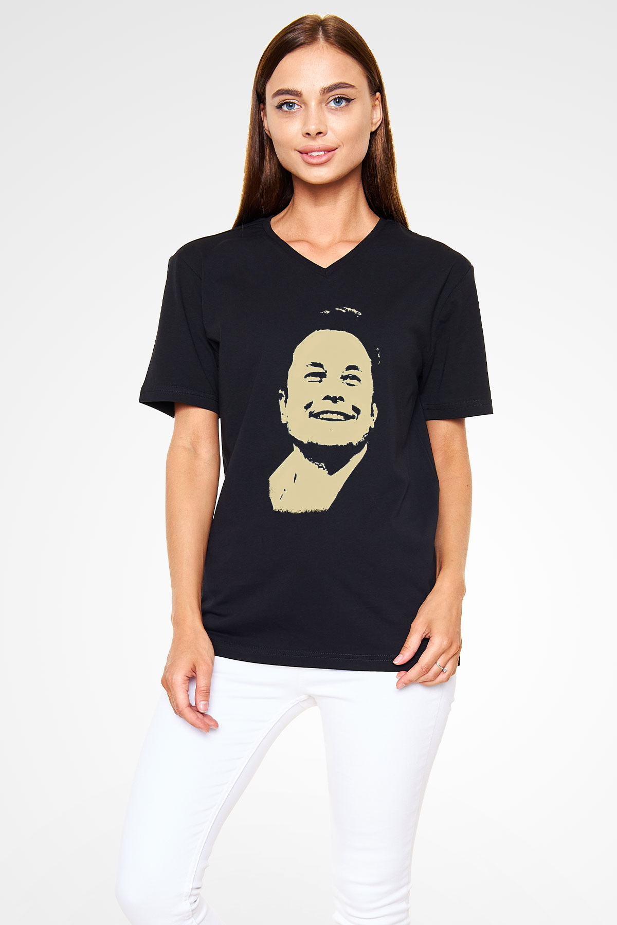 Elon Musk Baskılı Unisex Siyah V Yaka Tişört - Tshirt