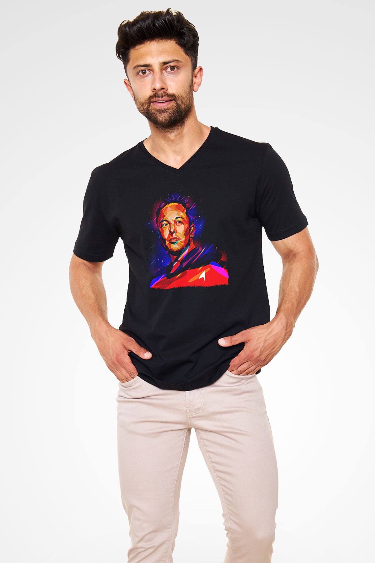 Elon Musk Baskılı Unisex Siyah V Yaka Tişört - Tshirt