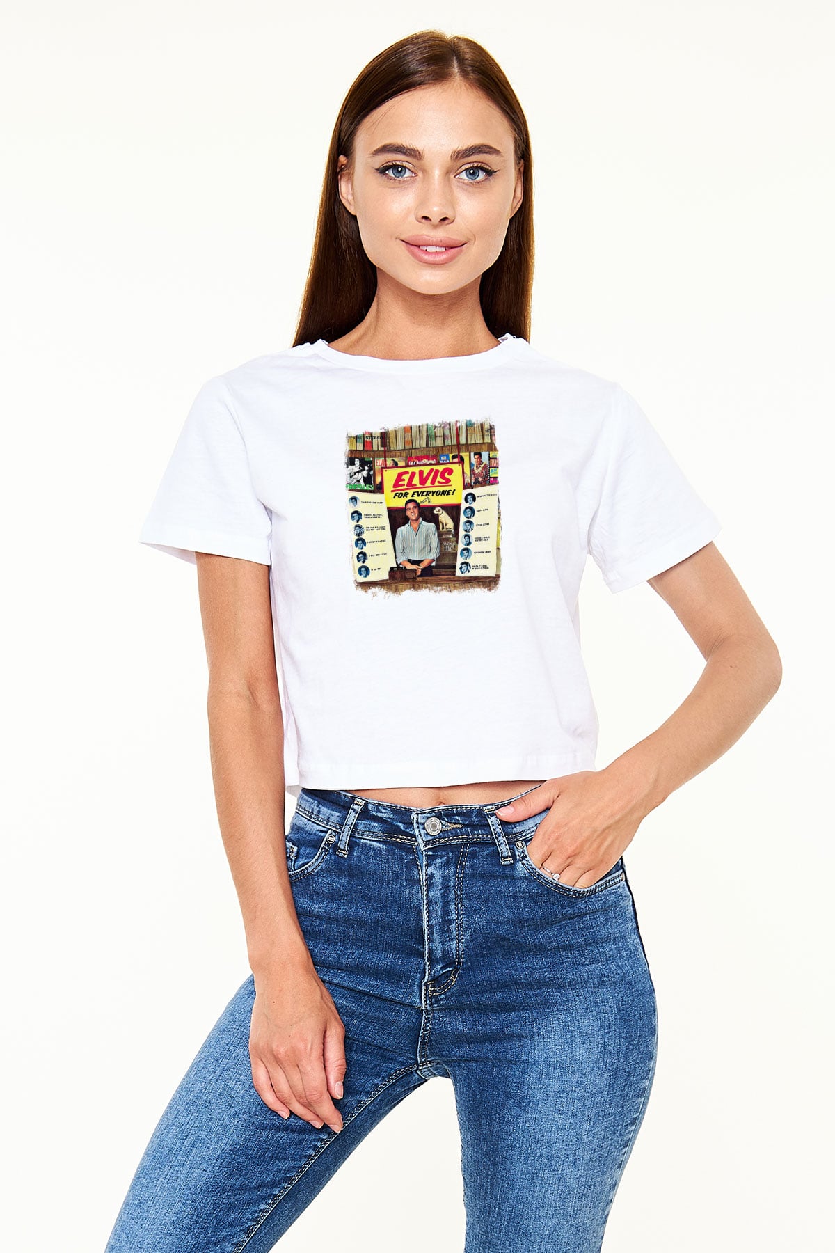 Elvis Presley Baskılı Unisex Beyaz Crop Top Tişört