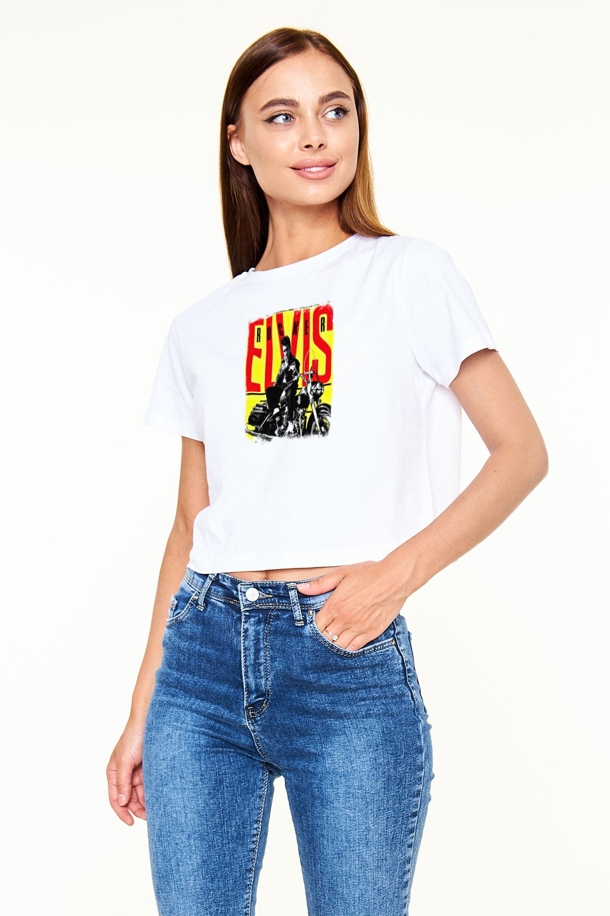 Elvis Presley Baskılı Unisex Beyaz Crop Top Tişört