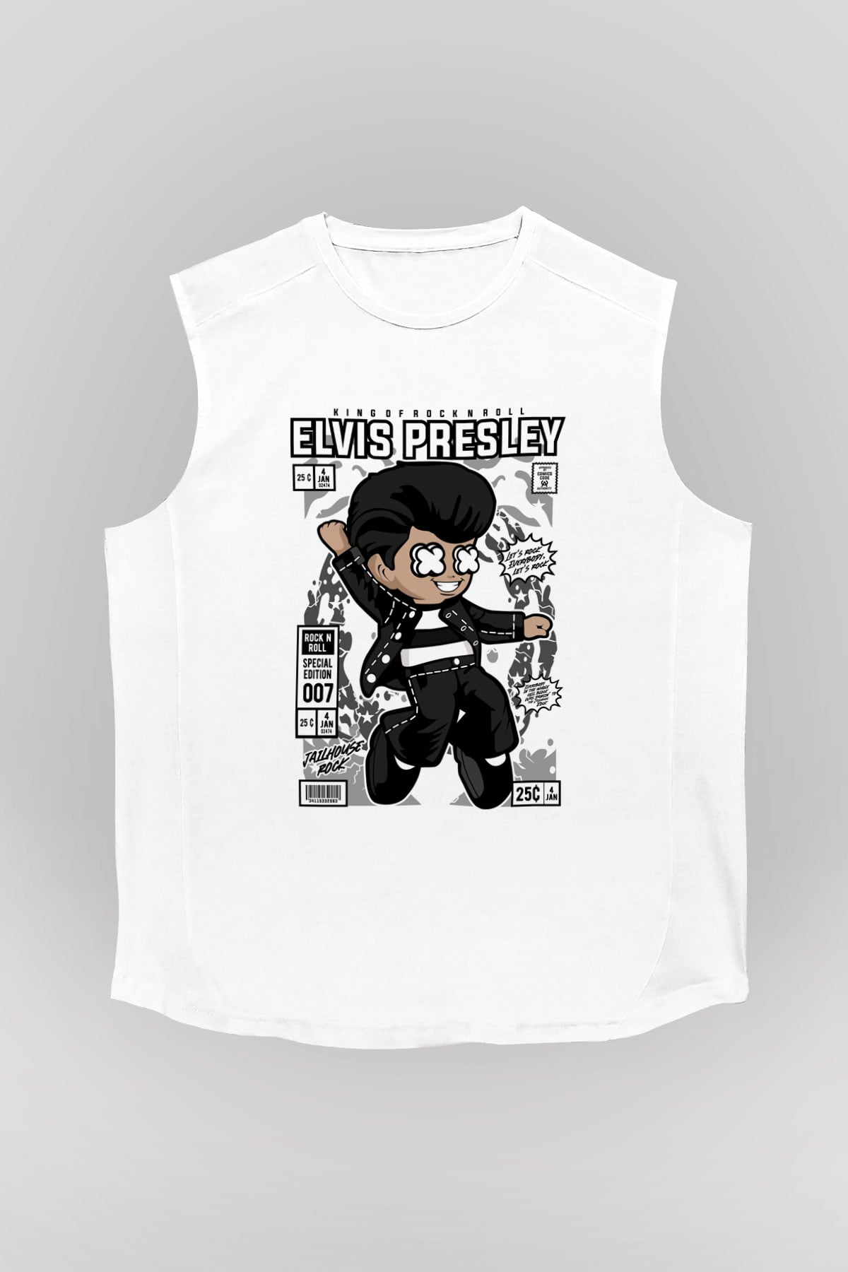 Elvis Presley Baskılı Unisex Beyaz Kolsuz Tişört