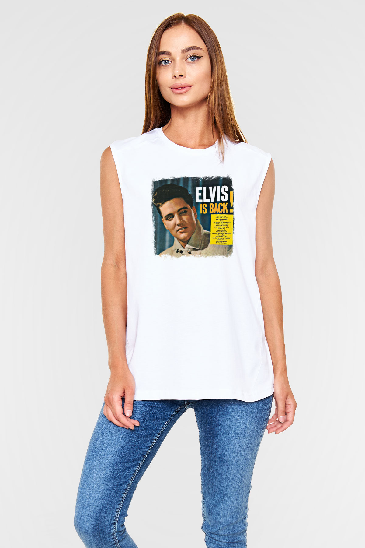 Elvis Presley Baskılı Unisex Beyaz Kolsuz Tişört