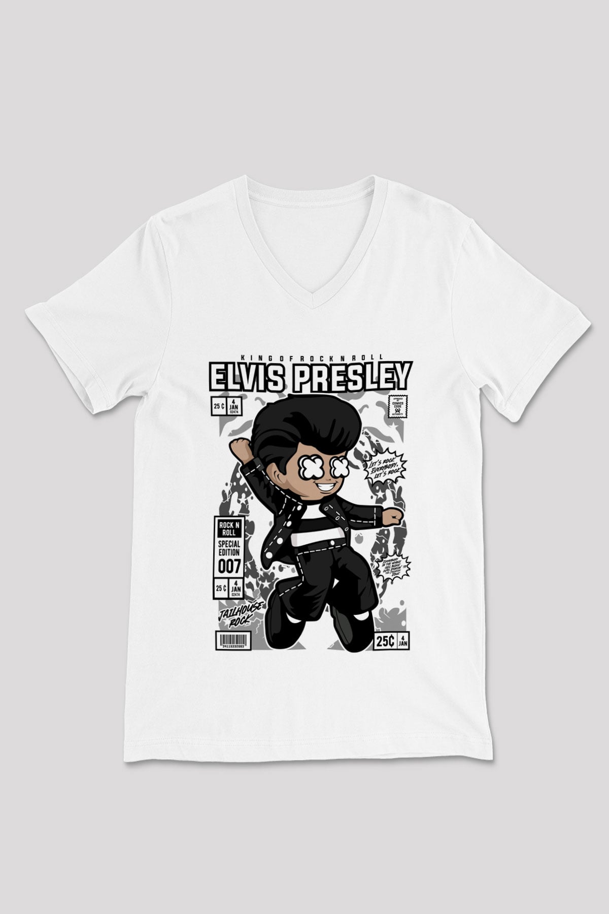 Elvis Presley Baskılı Unisex Beyaz V Yaka Tişört