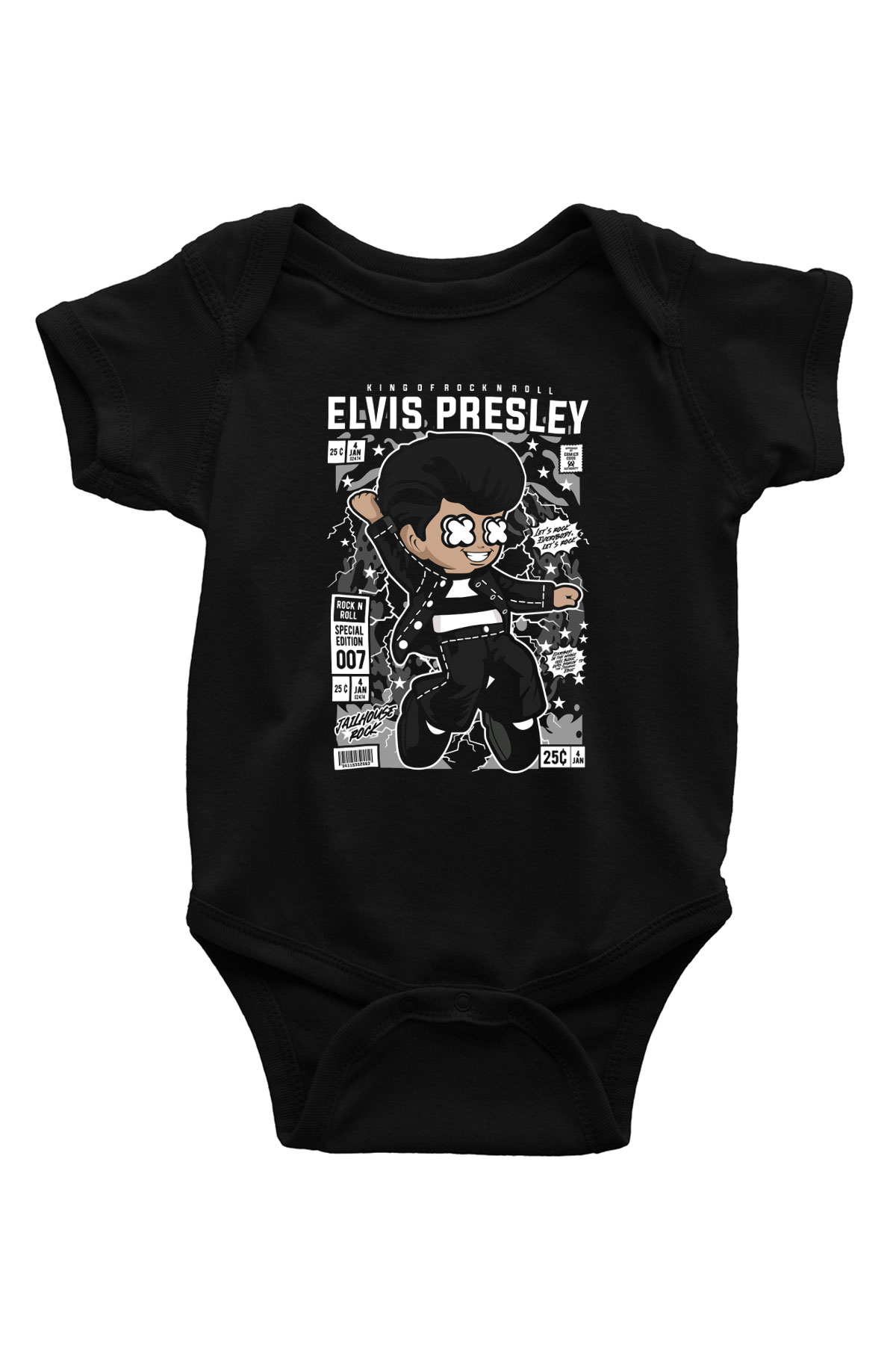 Elvis Presley Baskılı Unisex Siyah Bebek Body - Zıbın