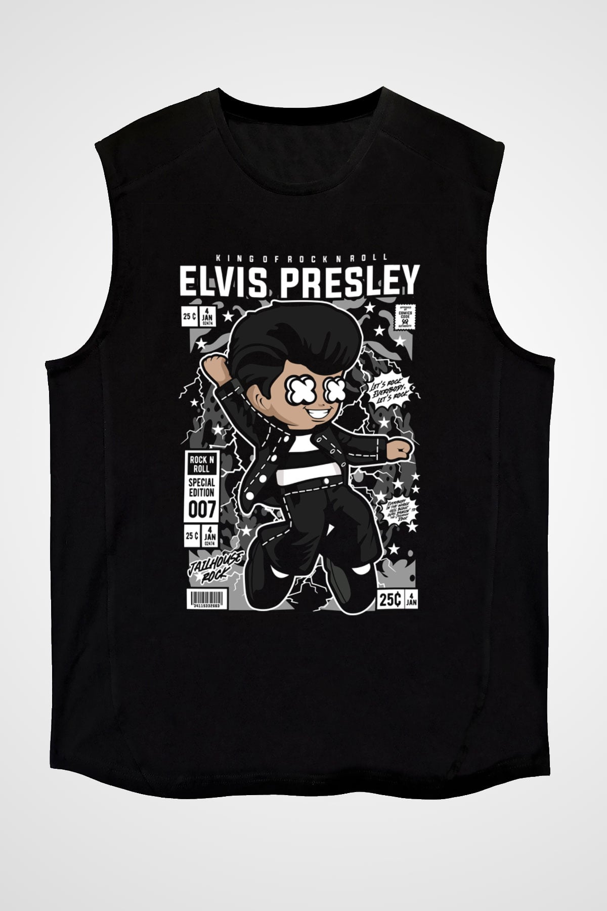 Elvis Presley Baskılı Unisex Siyah Kolsuz Tişört