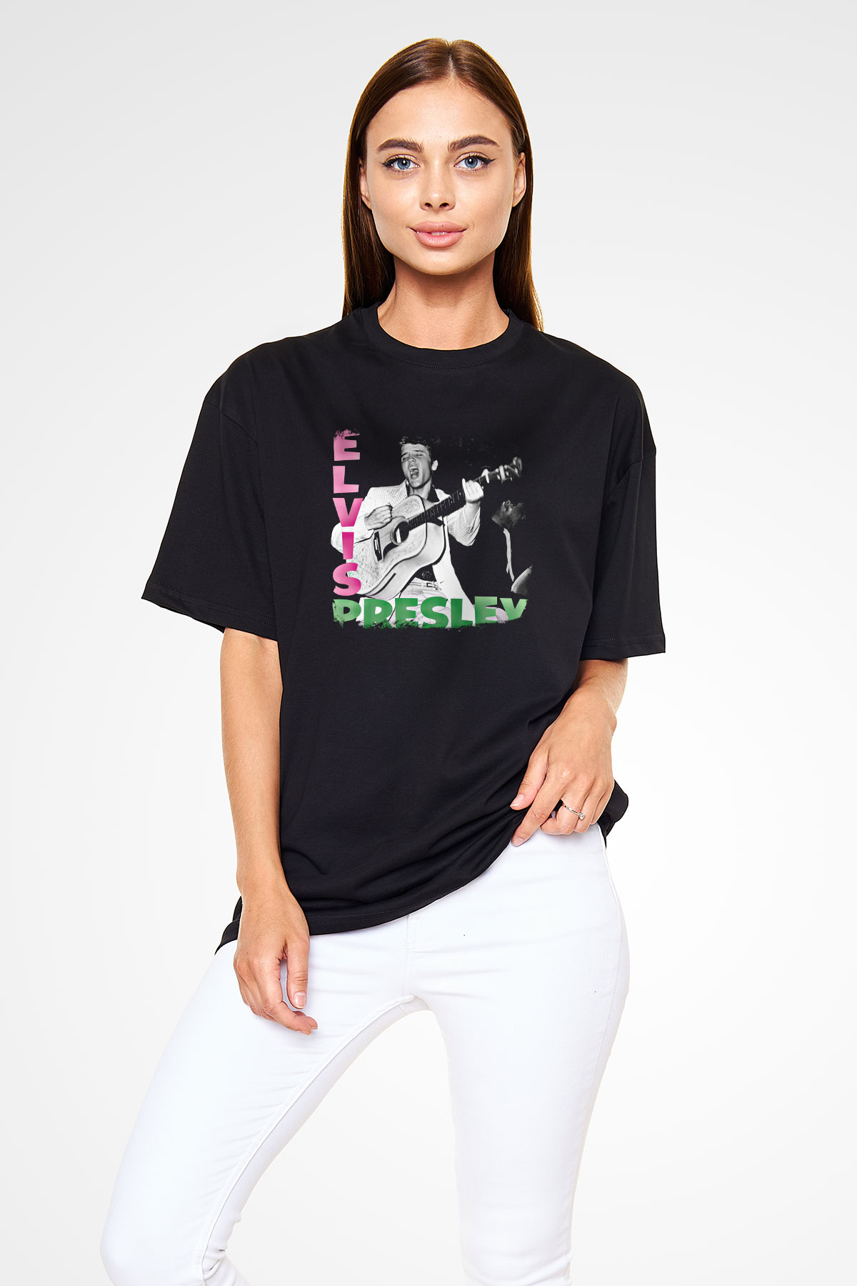 Elvis Presley Baskılı Unisex Siyah Oversize Tişört
