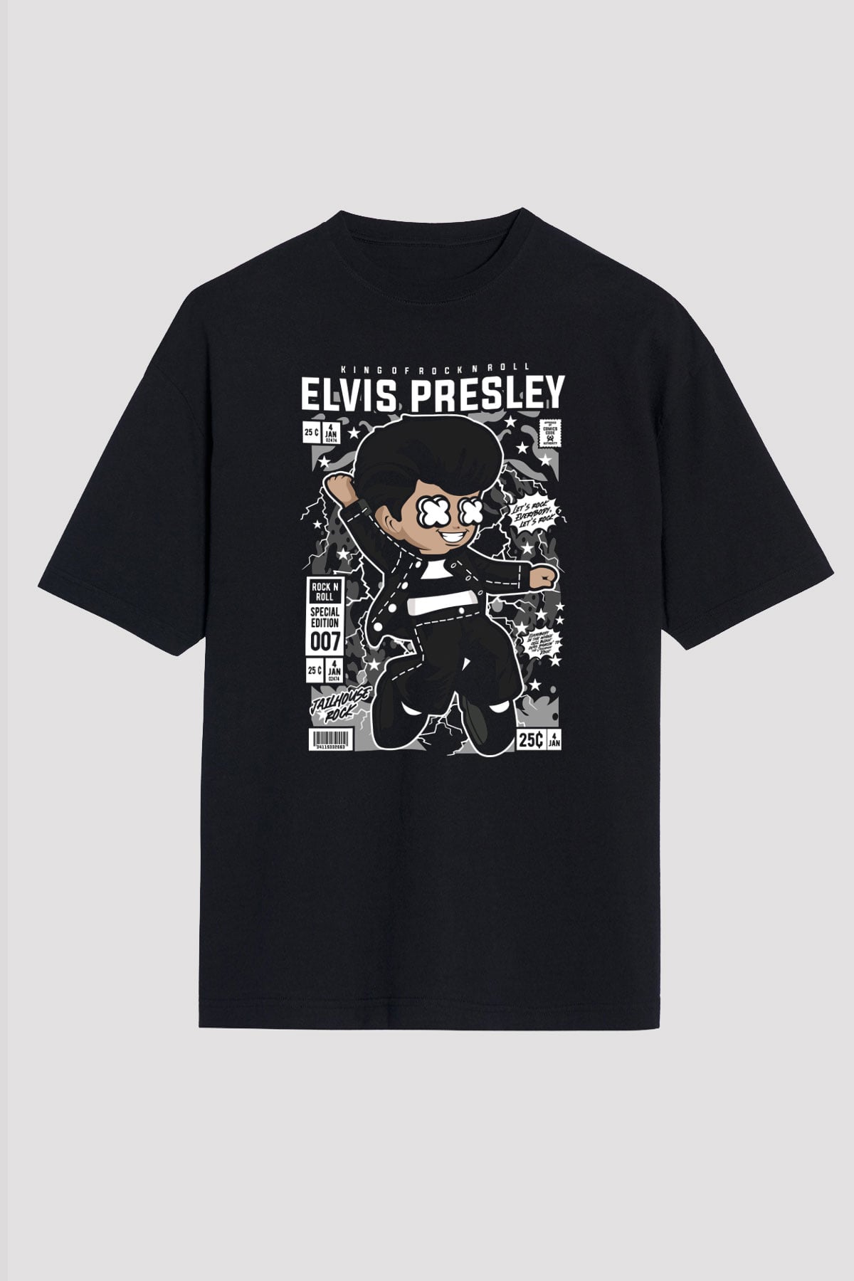 Elvis Presley Baskılı Unisex Siyah Oversize Tişört