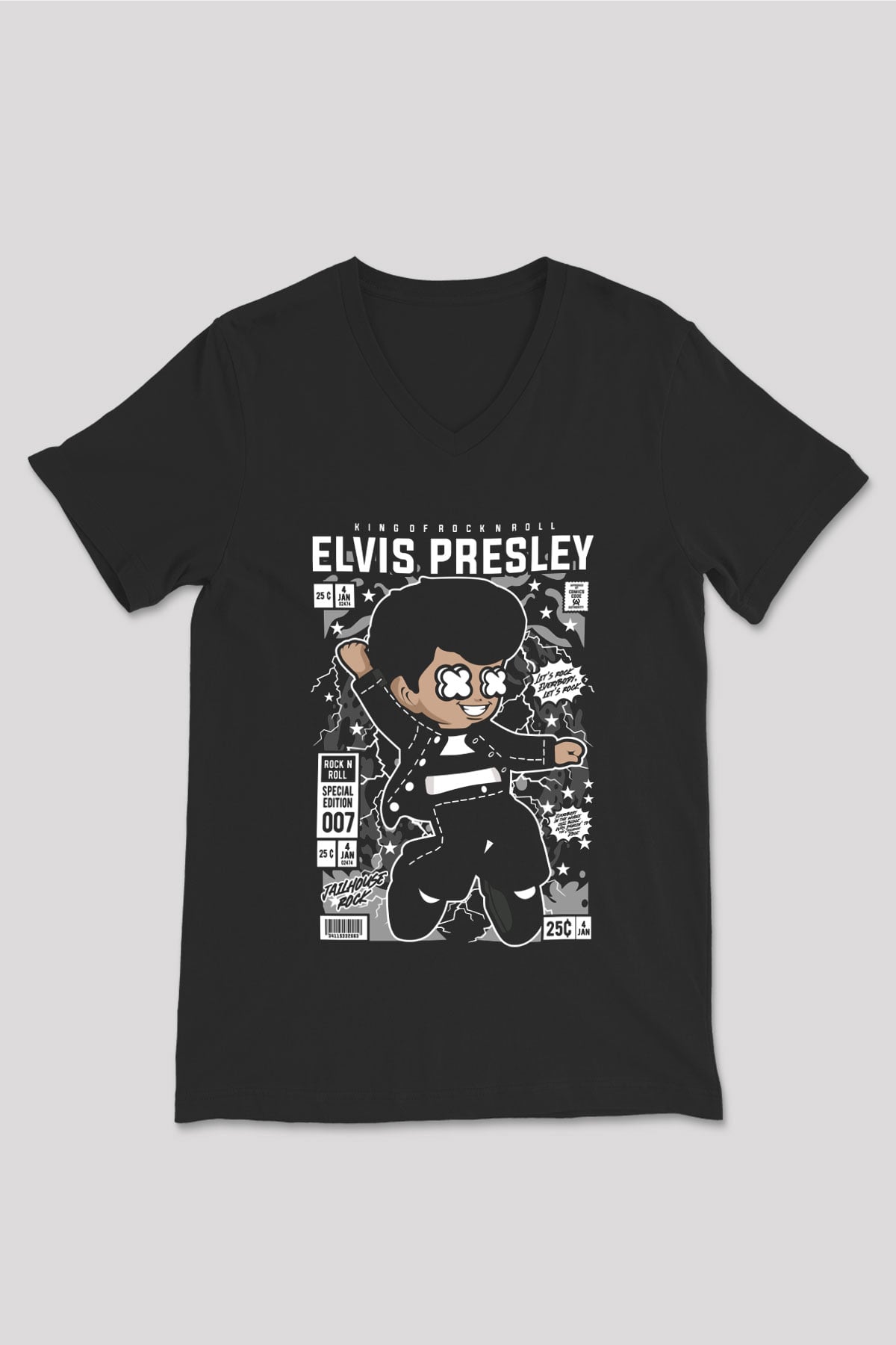 Elvis Presley Baskılı Unisex Siyah V Yaka Tişört