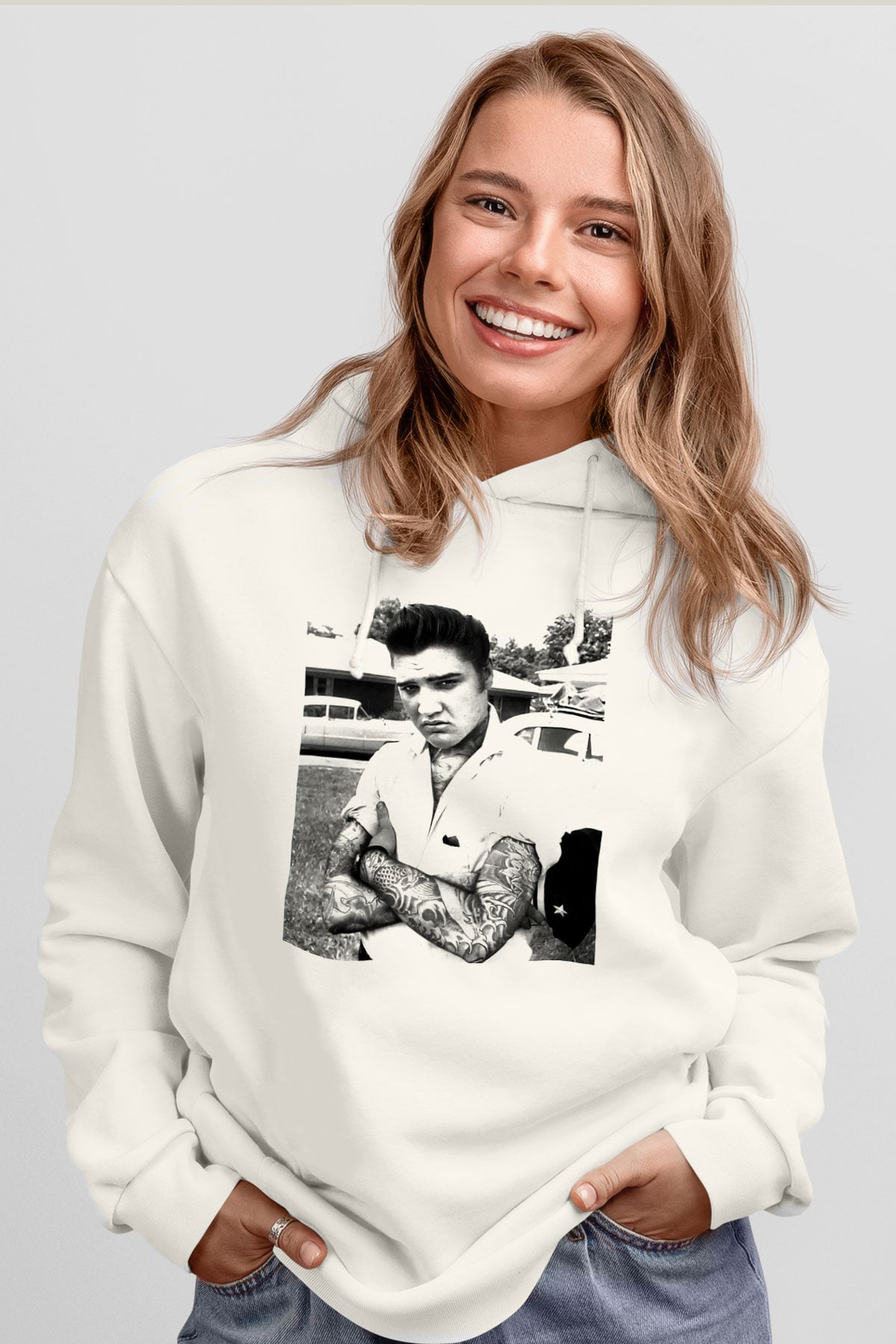 Elvis Presley Beyaz Unisex Kapşonlu Sweatshirt