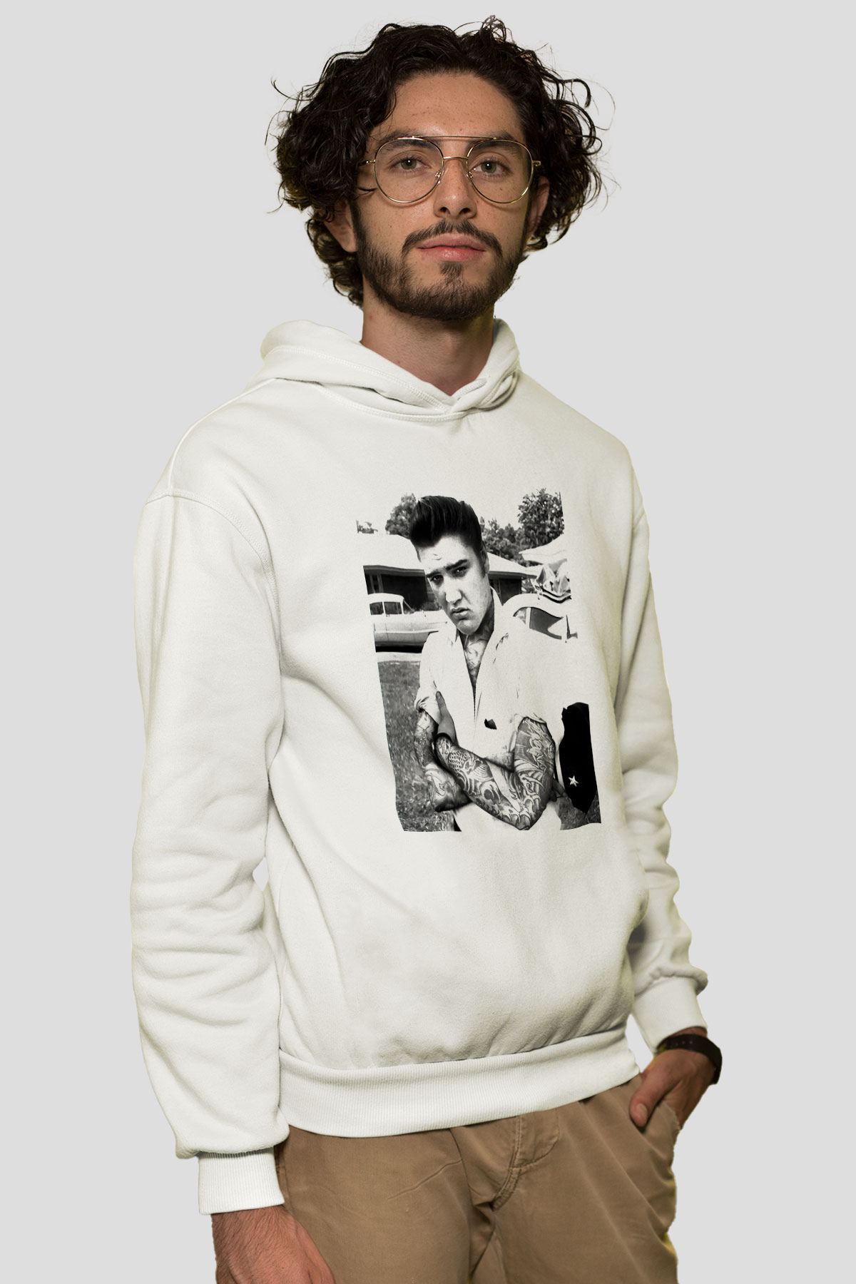 Elvis Presley Beyaz Unisex Kapşonlu Sweatshirt