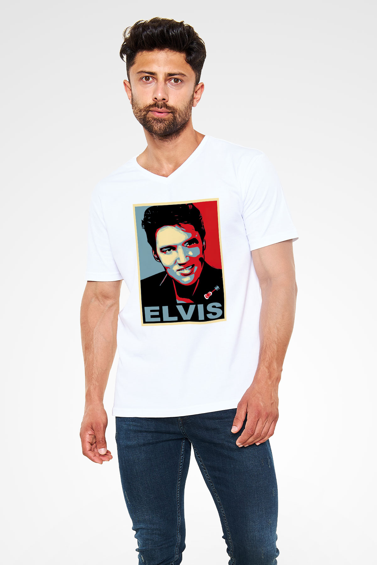 Elvis Presley Beyaz Unisex V Yaka Tişört T-Shirt