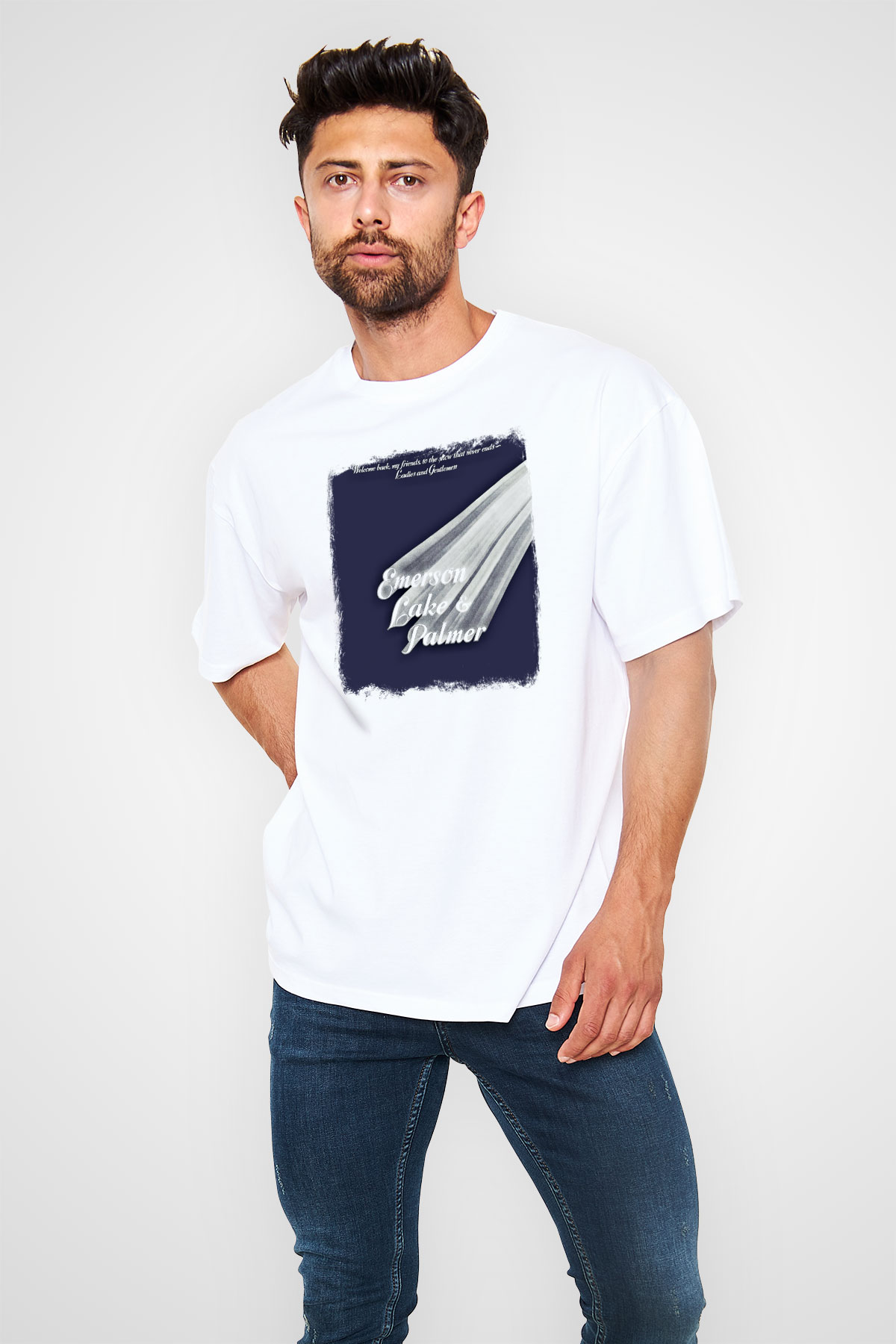 Emerson,Lake and Palmer Baskılı Unisex Beyaz Oversize Tişört