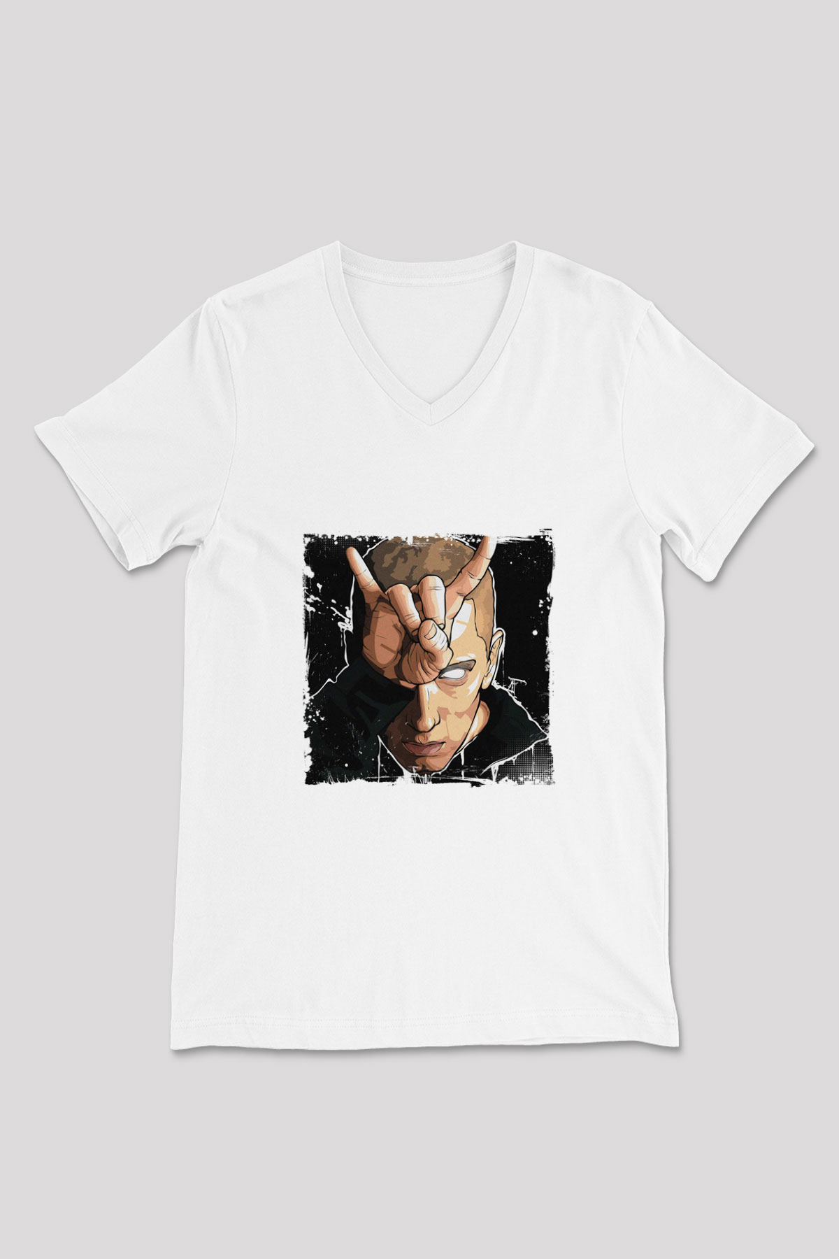Eminem Baskılı Beyaz V Yaka Unisex Tişört