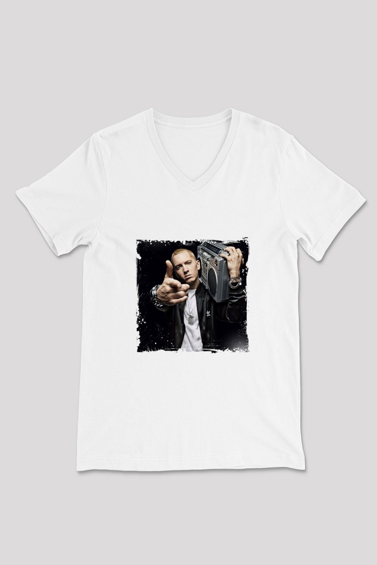 Eminem Baskılı Beyaz V Yaka Unisex Tişört