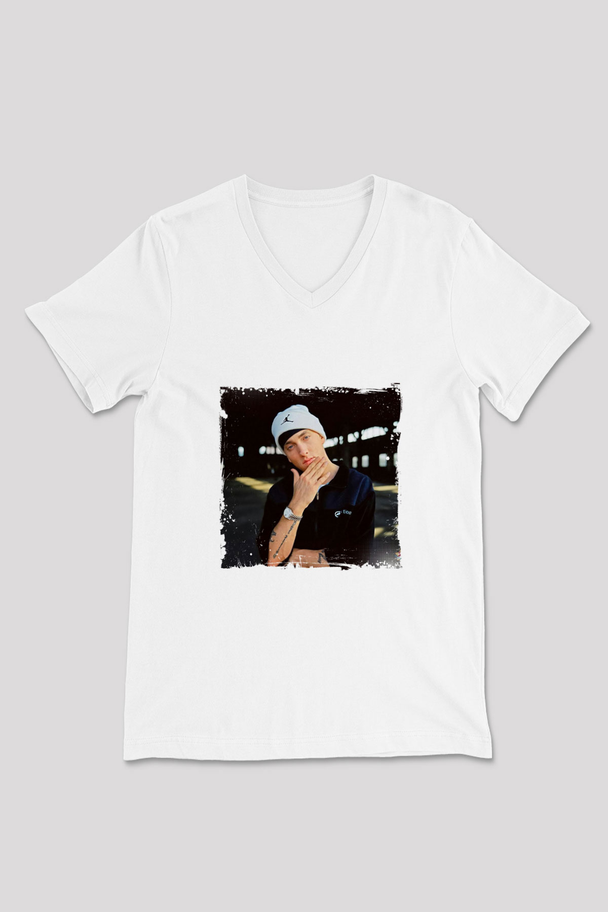 Eminem Baskılı Beyaz V Yaka Unisex Tişört