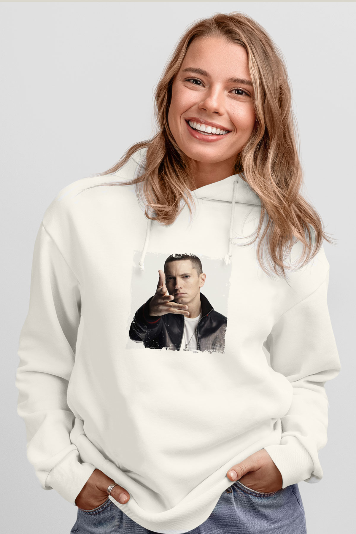 Eminem Baskılı Unisex Beyaz Kapüşonlu Sweatshirt