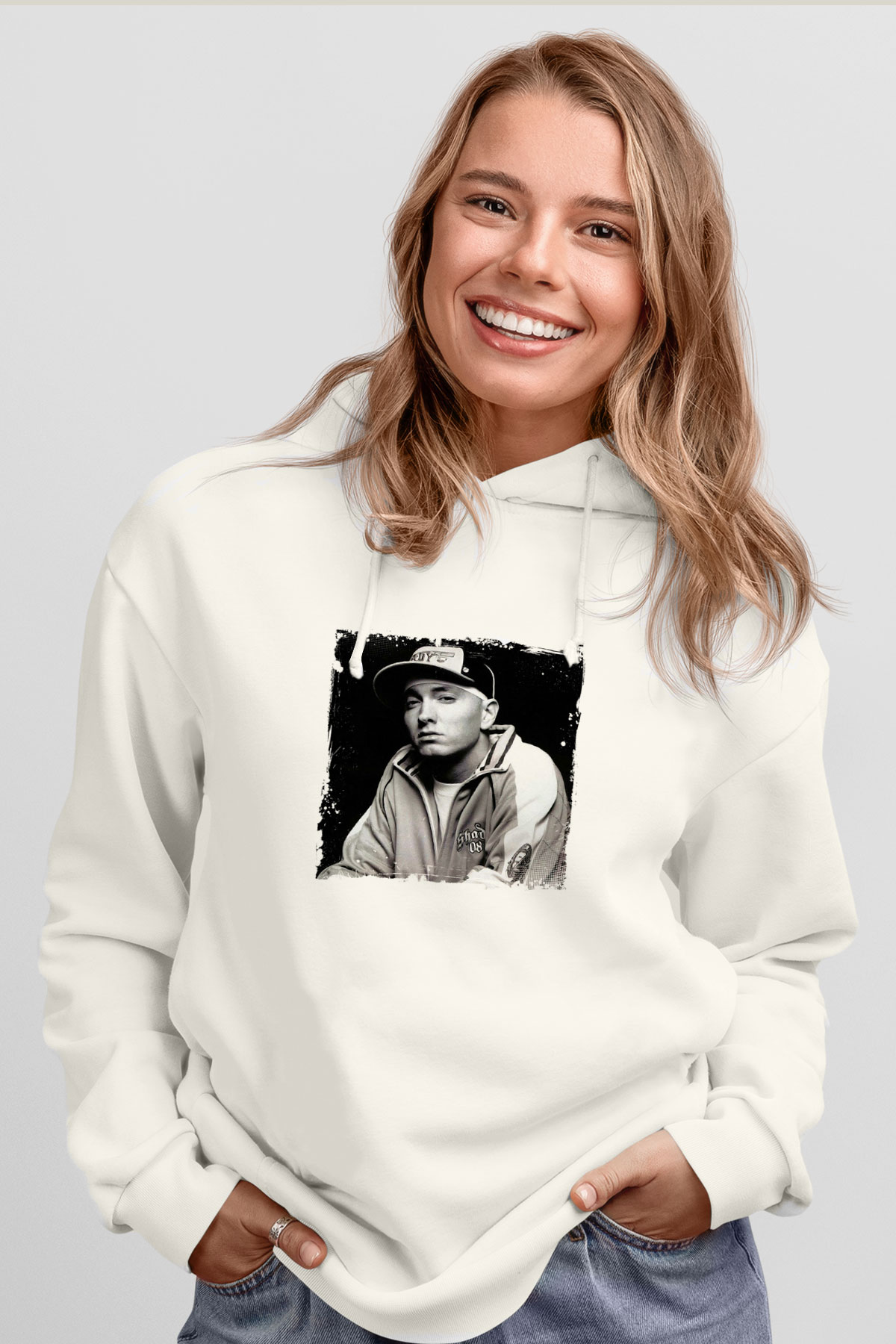 Eminem Baskılı Unisex Beyaz Kapüşonlu Sweatshirt