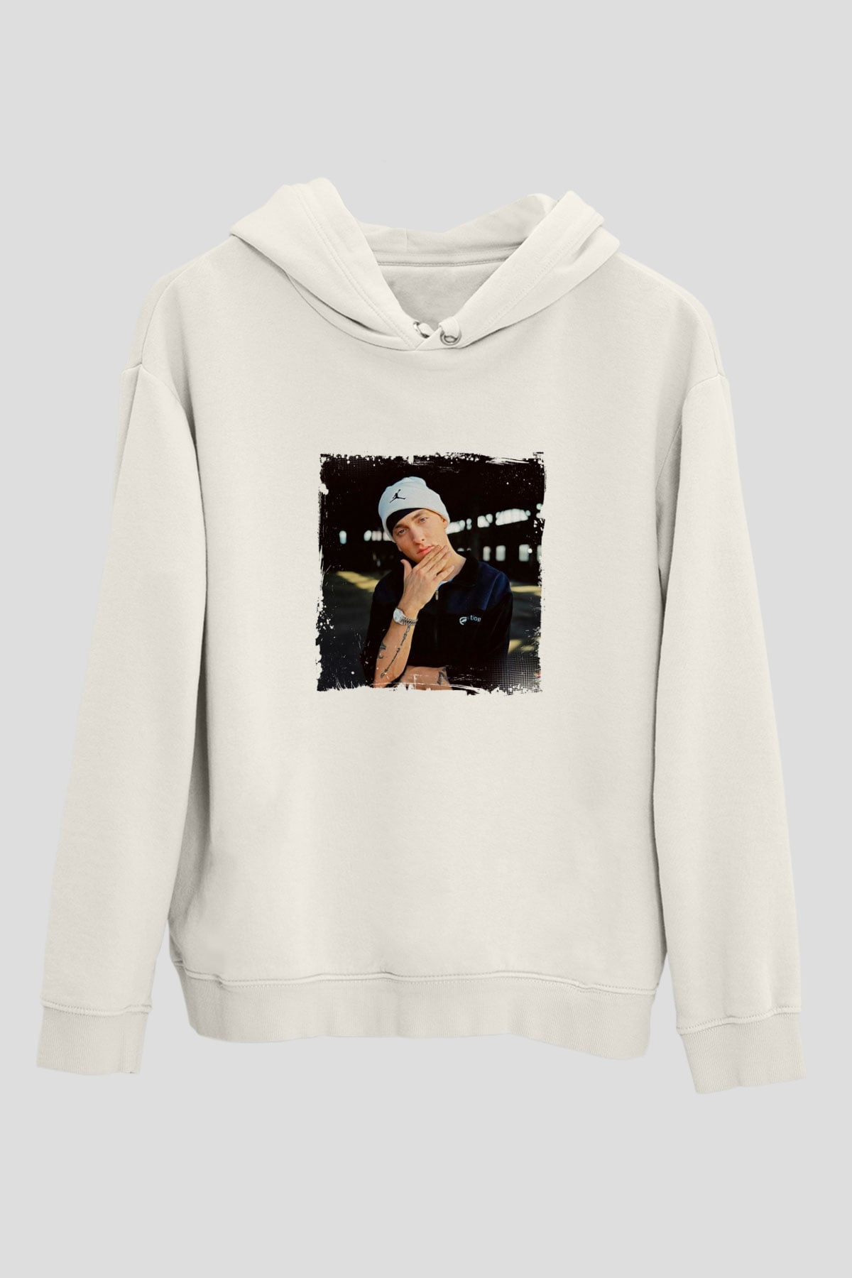 Eminem Baskılı Unisex Beyaz Kapüşonlu Sweatshirt