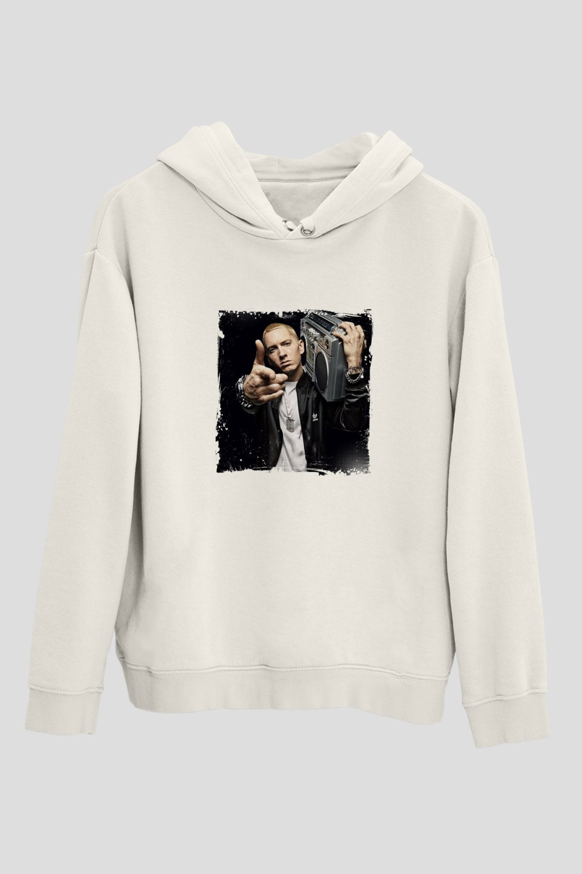 Eminem Baskılı Unisex Beyaz Kapüşonlu Sweatshirt