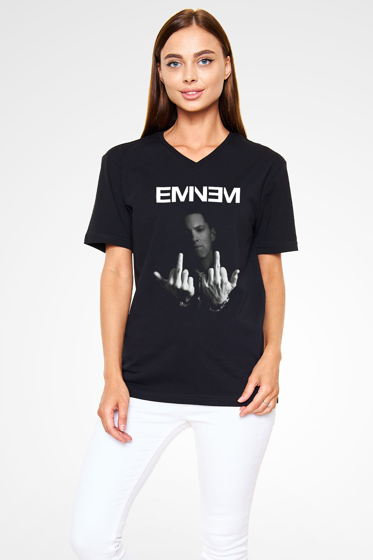 Eminem Siyah Unisex V Yaka Tişört T-Shirt