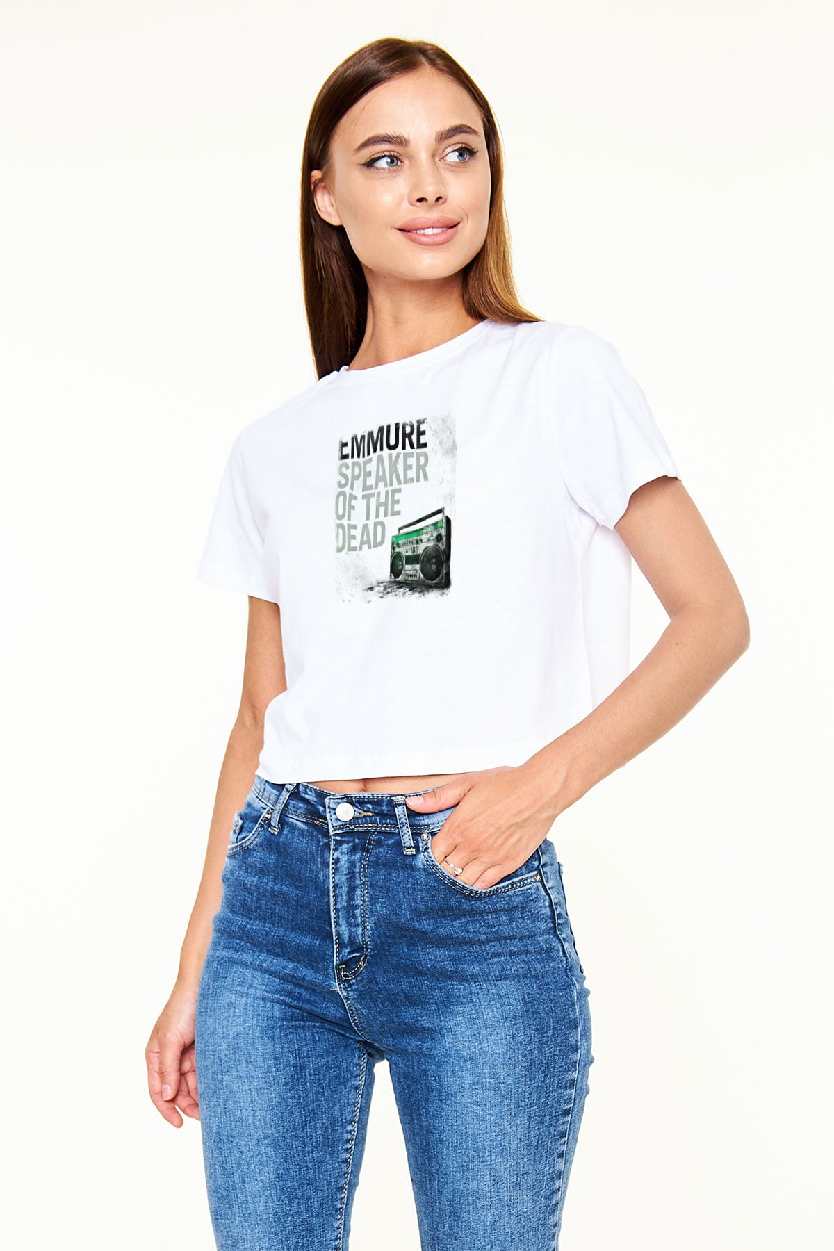 Emmure Baskılı Unisex Beyaz Crop Top Tişört