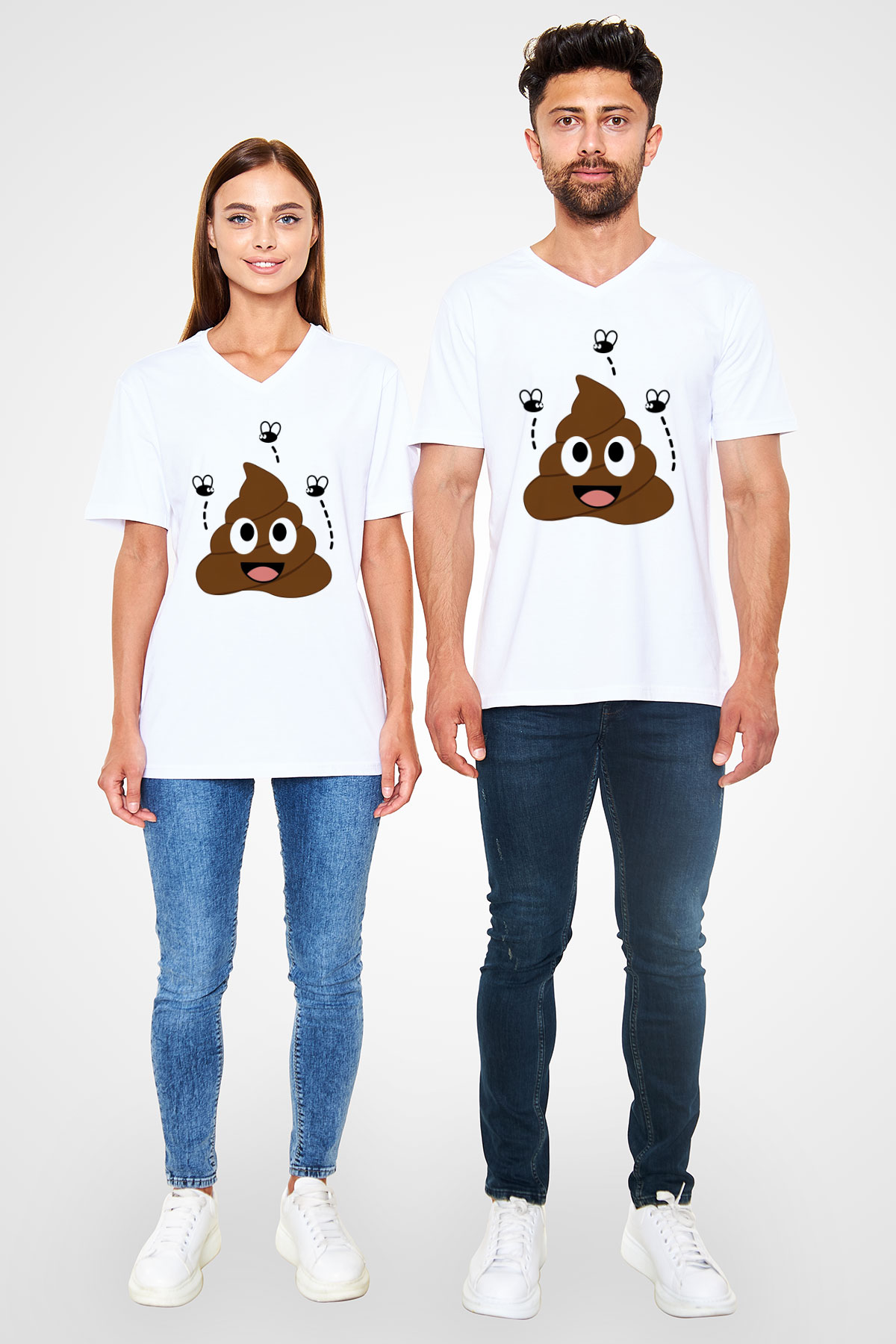 Emoji Baskılı Unisex Beyaz  V Yaka Tişört