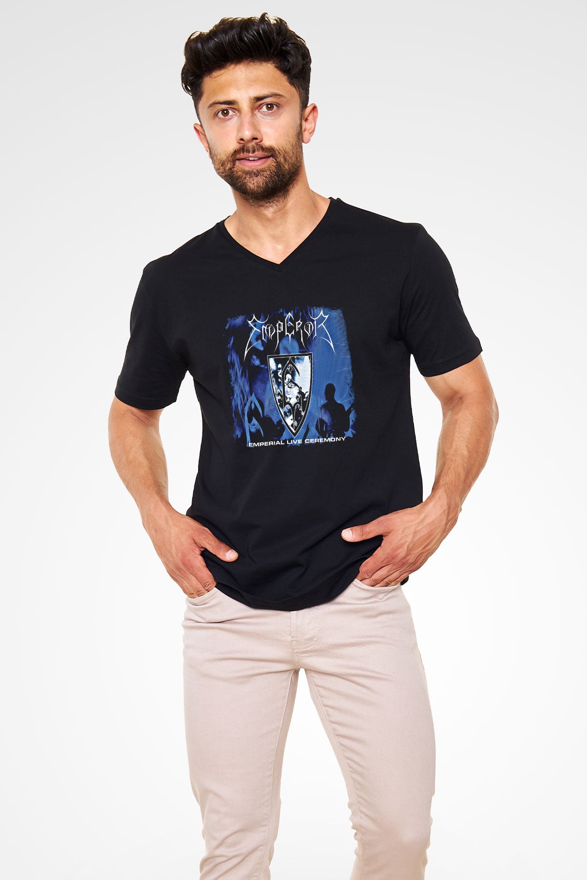 Emperor Baskılı Unisex Siyah V Yaka Tişört