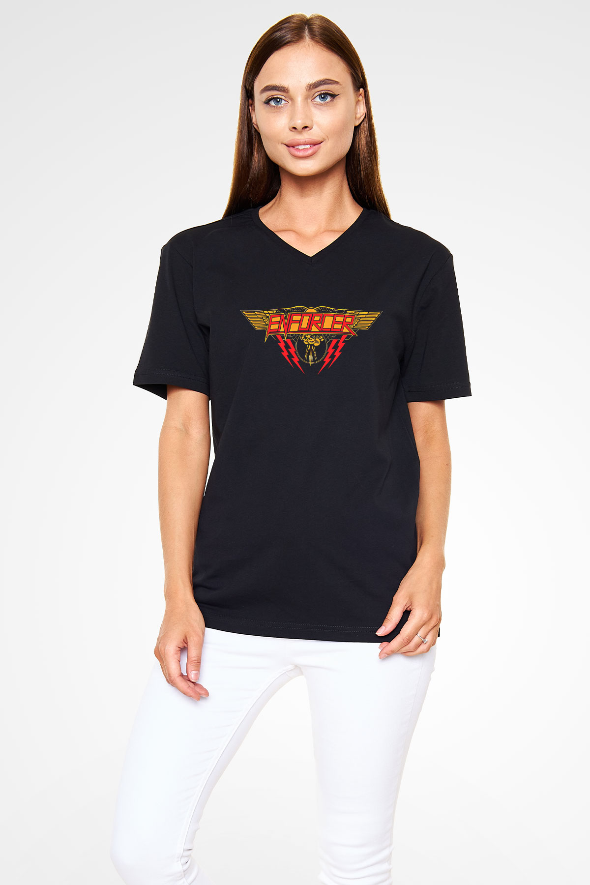 Enforcer Baskılı Unisex Siyah V Yaka Tişört - Tshirt