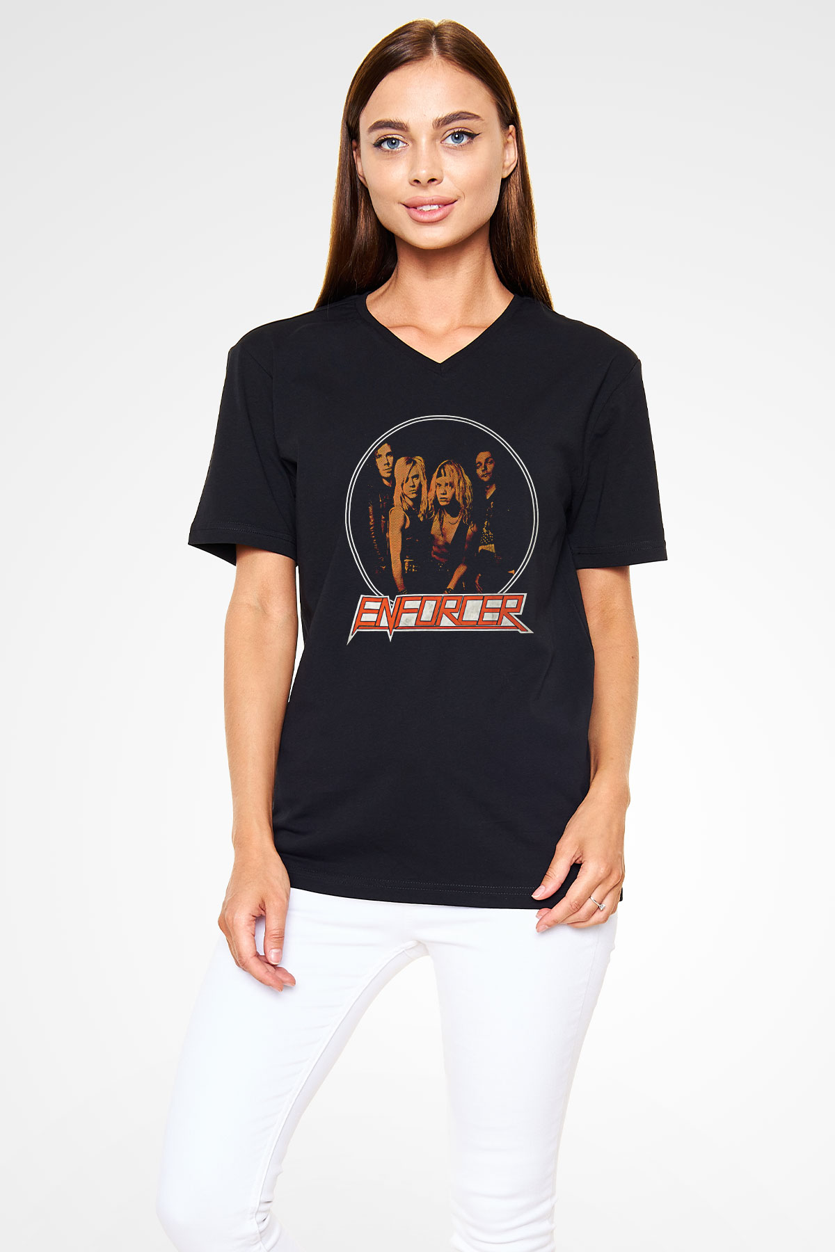 Enforcer Baskılı Unisex Siyah V Yaka Tişört - Tshirt
