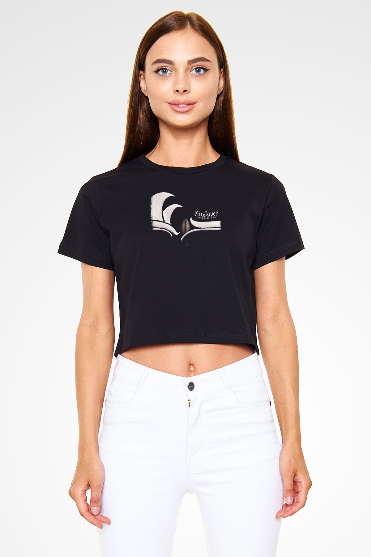 Enslaved Baskılı Unisex Siyah Crop Top Tişört