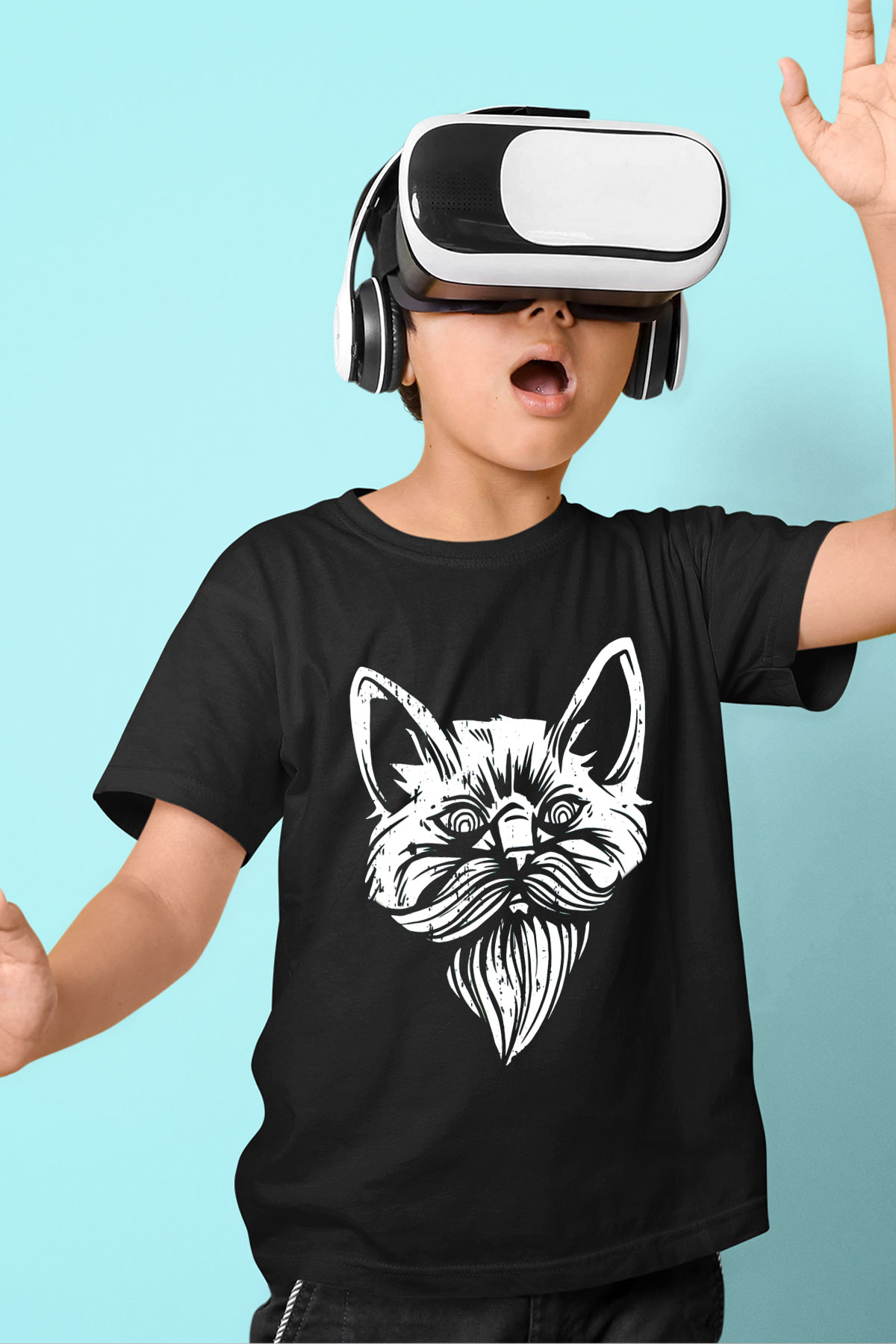 Entellektüel Kedi Baskılı Unisex Siyah  Çocuk Tişört