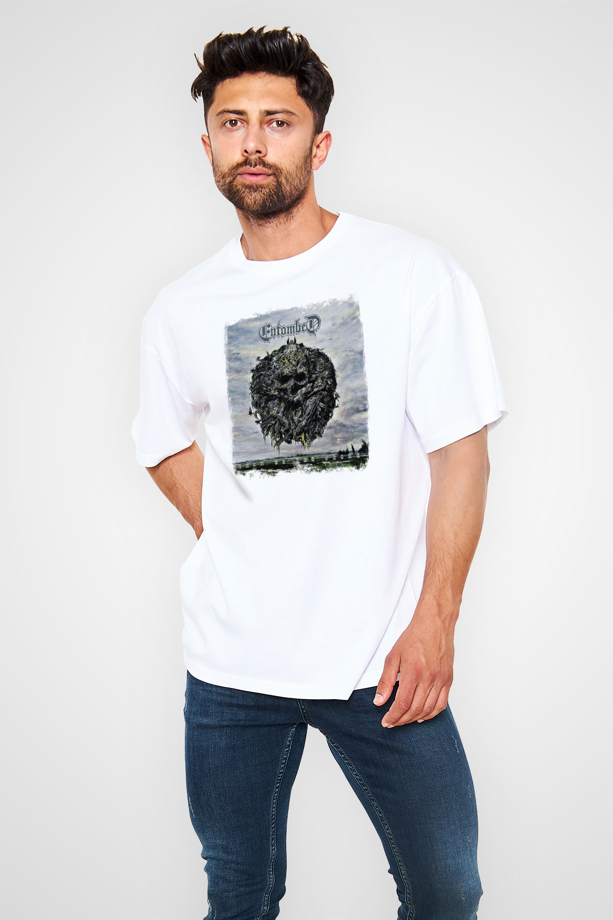 Entombed Baskılı Unisex Beyaz Oversize Tişört