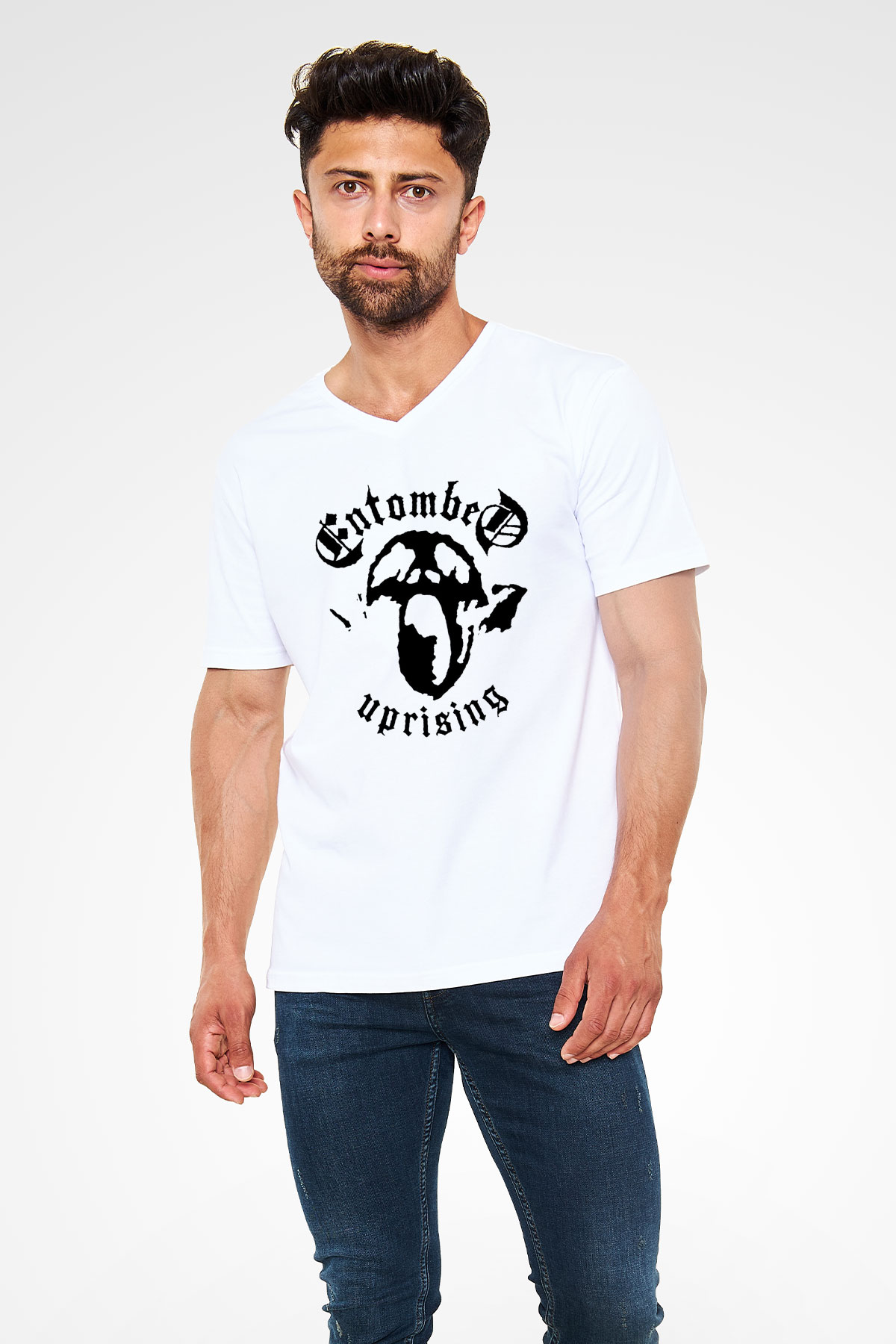 Entombed Beyaz Unisex V Yaka Tişört T-Shirt