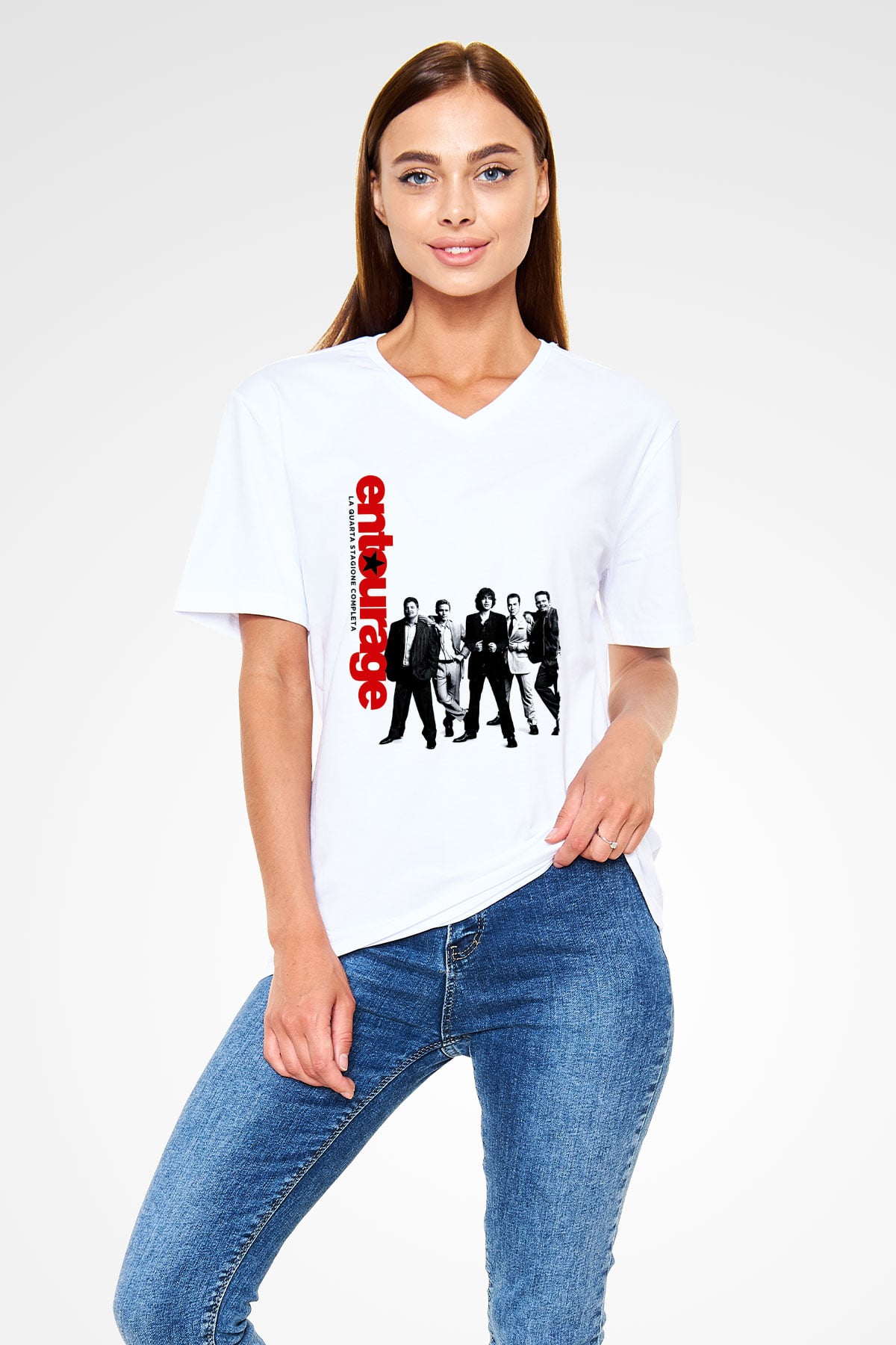 Entourage Beyaz Unisex V Yaka Tişört