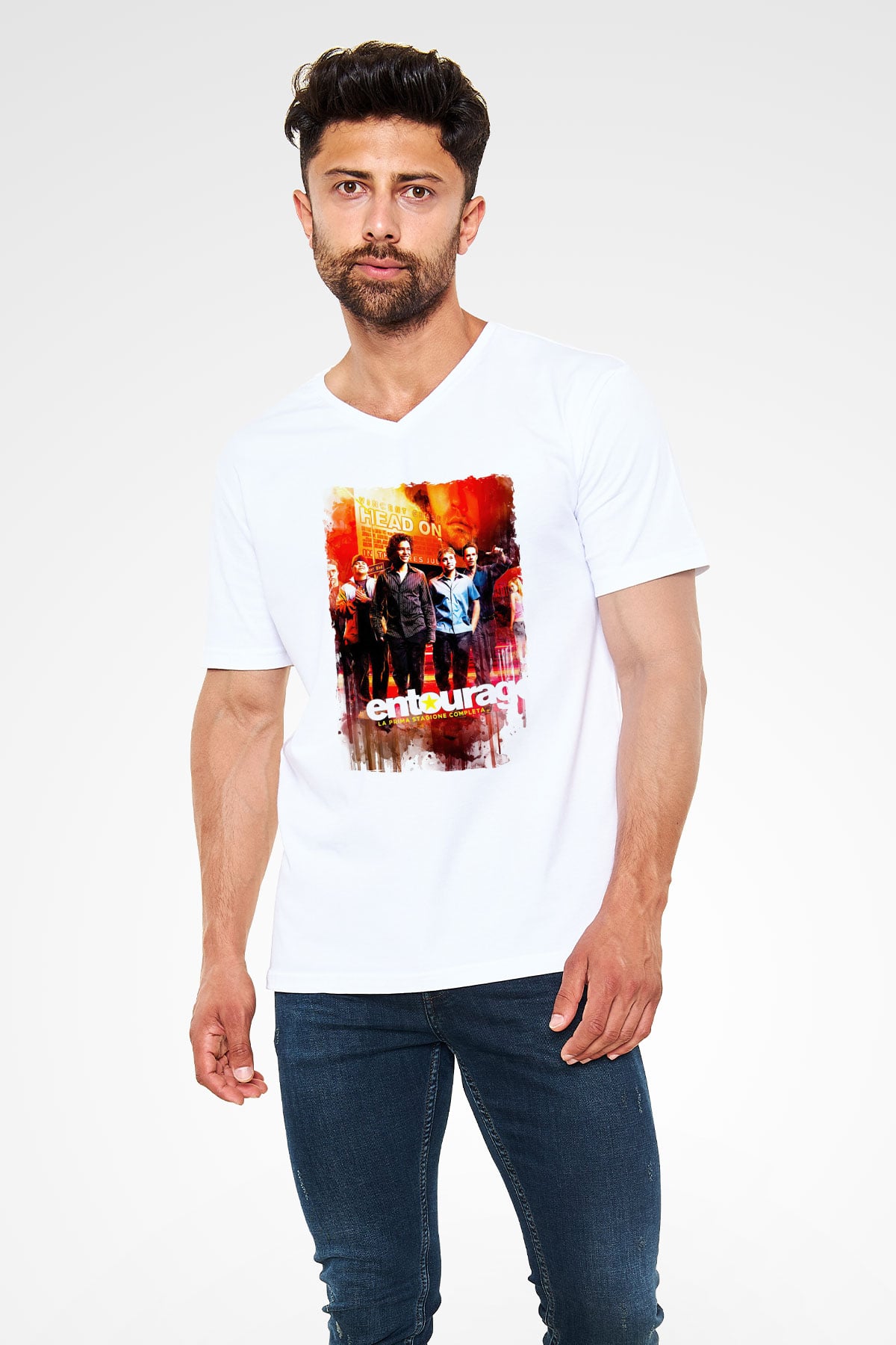 Entourage Beyaz Unisex V Yaka Tişört
