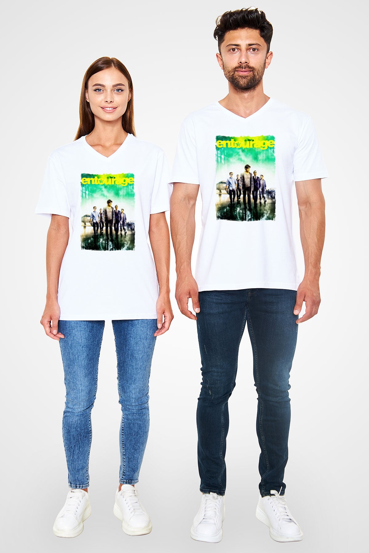 Entourage Beyaz Unisex V Yaka Tişört