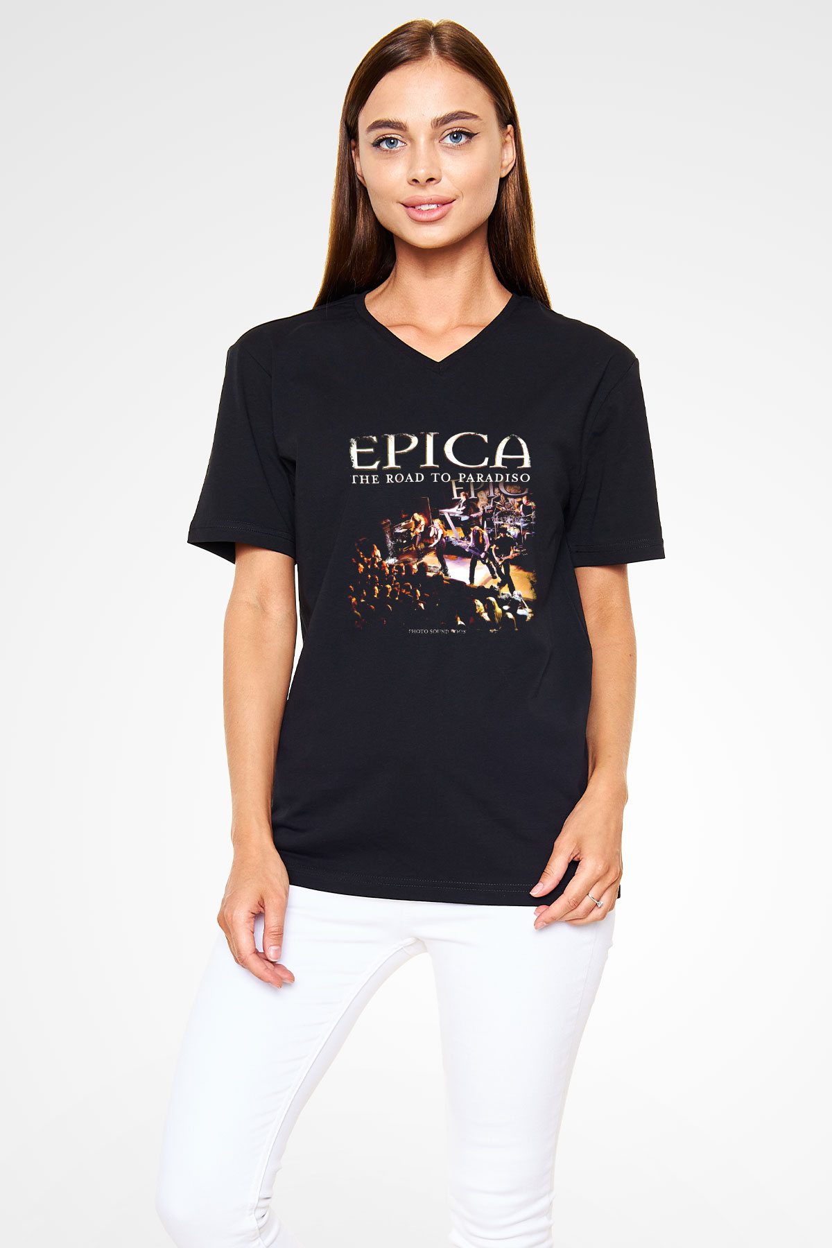 Epica Baskılı Unisex Siyah V Yaka Tişört