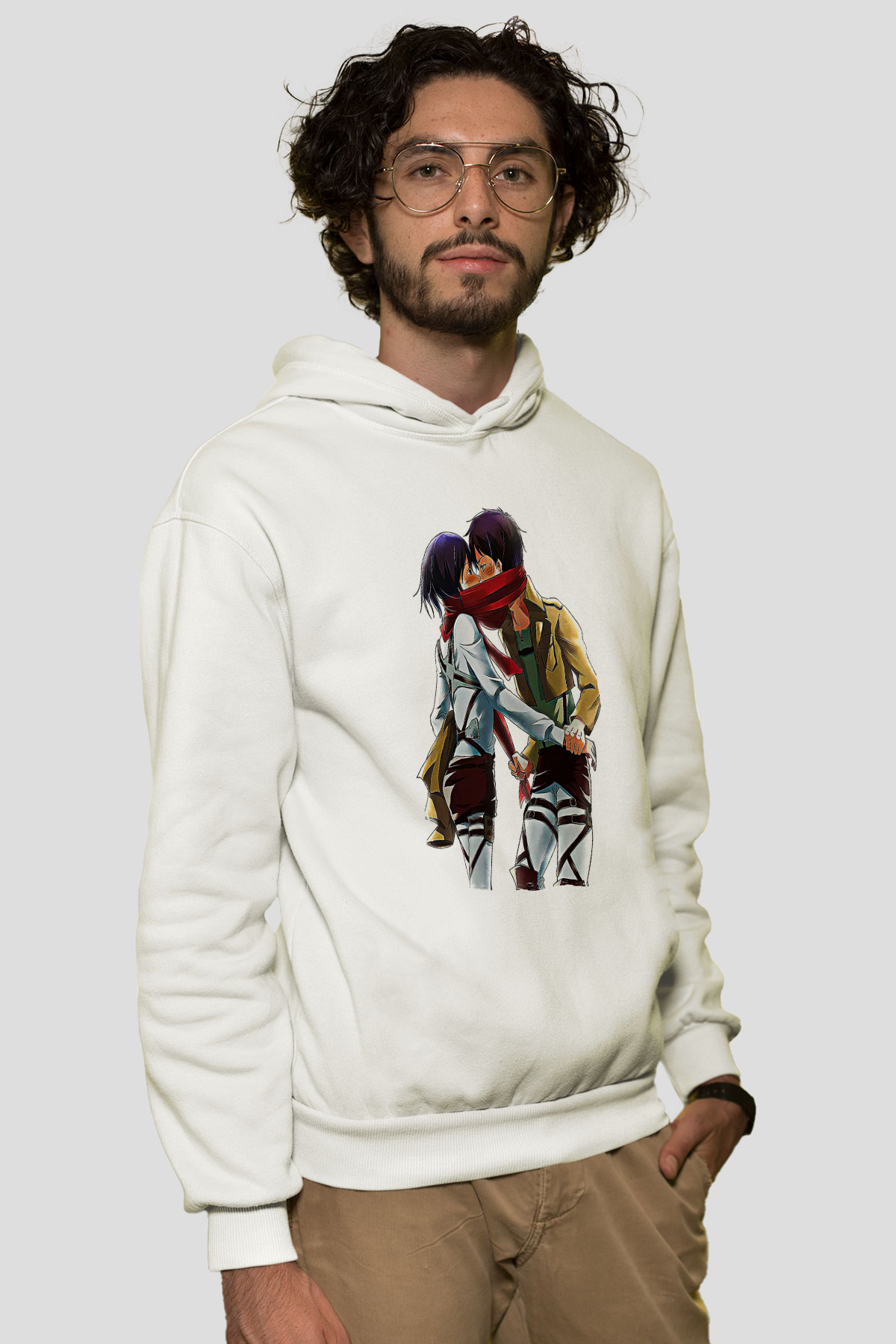 Eren Jaeger Baskılı Beyaz Unisex Hoodie