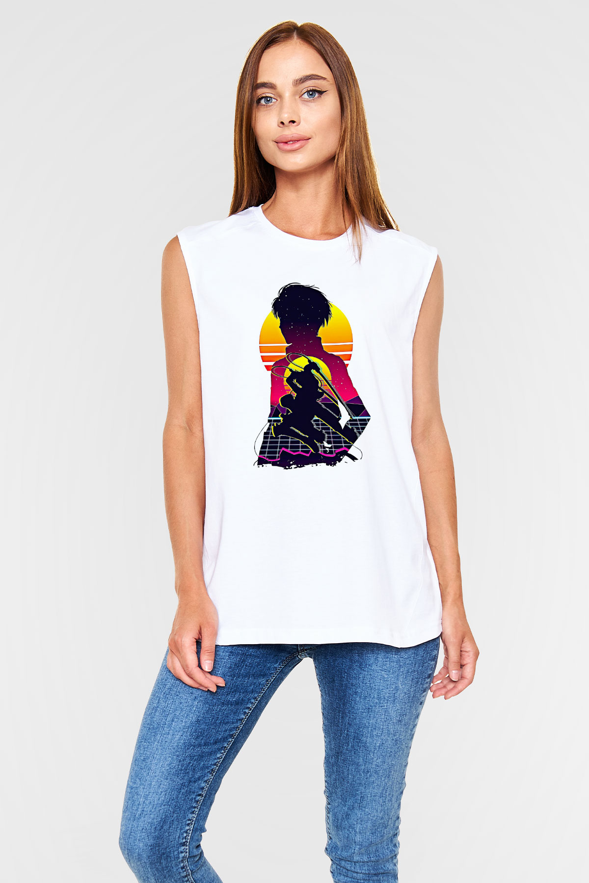 Eren Jaeger Baskılı Beyaz Unisex Kolsuz Tişört - Tshirt