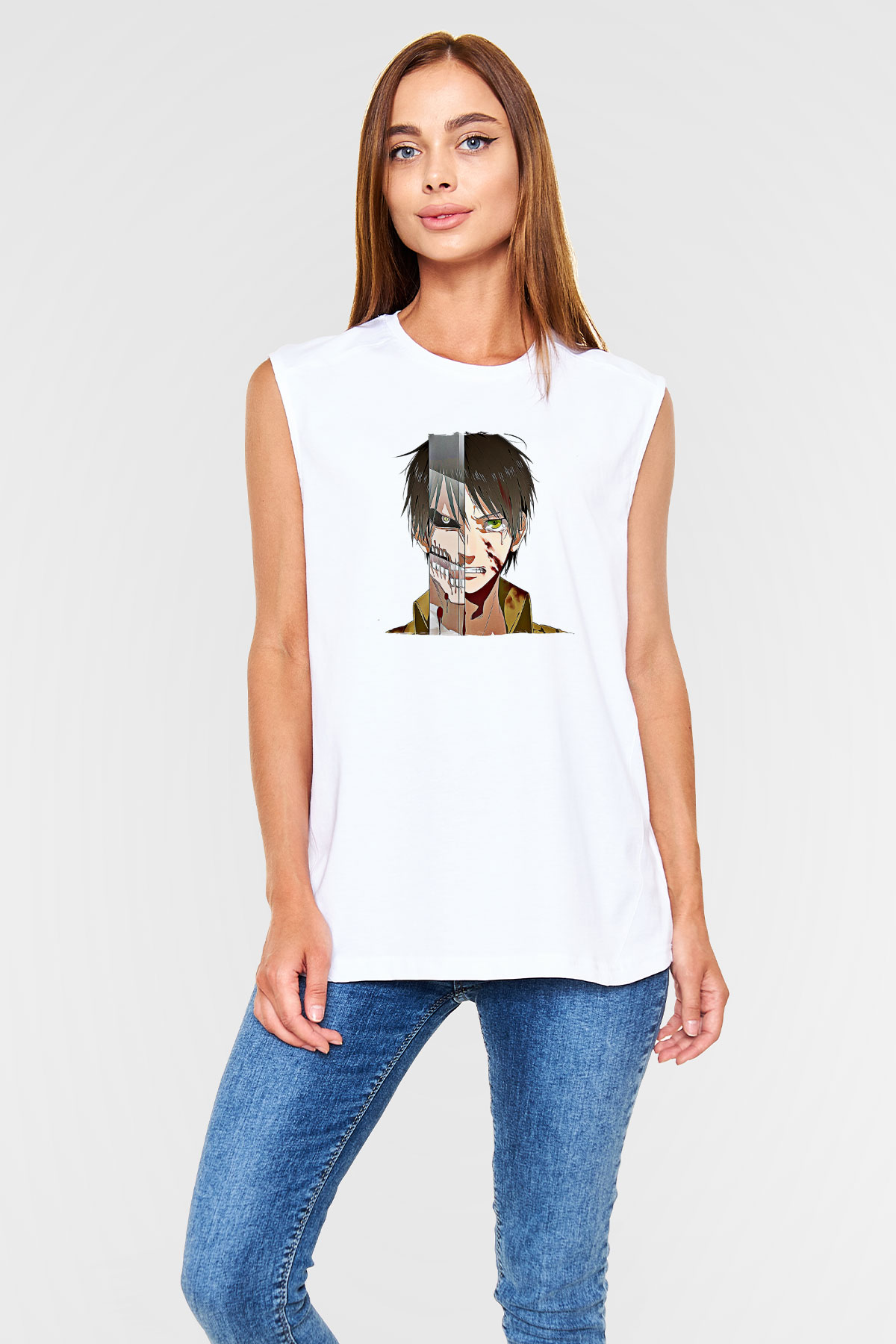 Eren Jaeger Baskılı Beyaz Unisex Kolsuz Tişört - Tshirt