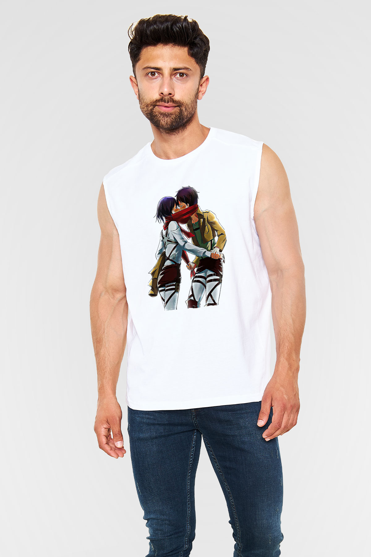 Eren Jaeger Baskılı Beyaz Unisex Kolsuz Tişört - Tshirt