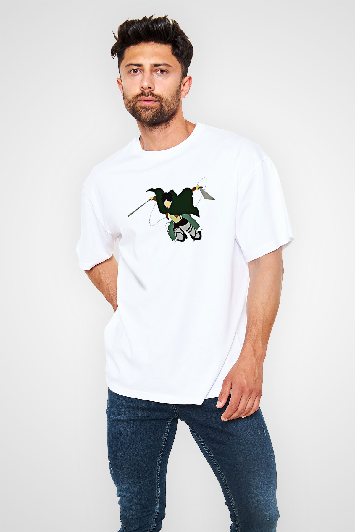 Eren Jaeger Baskılı Beyaz Unisex Oversize Tişört - Tshirt
