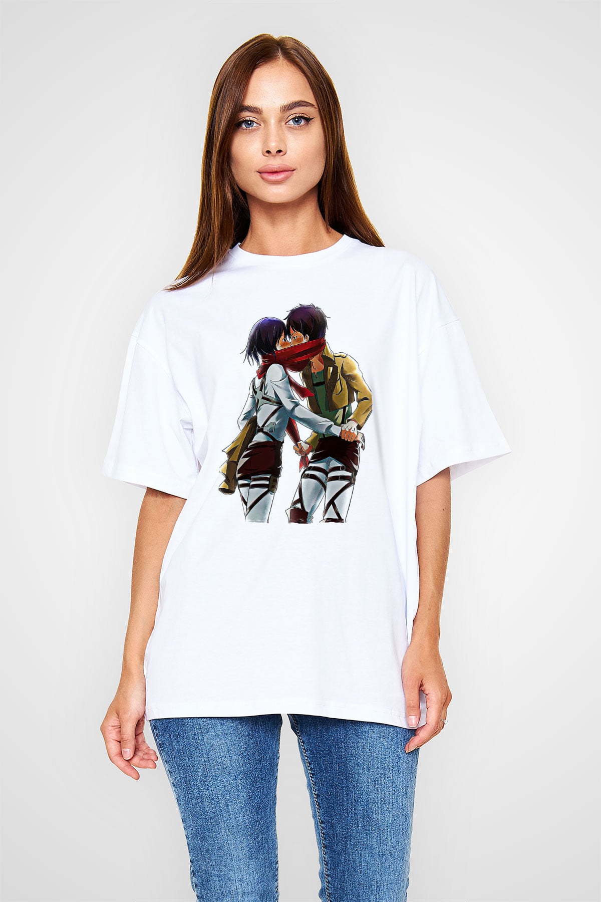Eren Jaeger Baskılı Beyaz Unisex Oversize Tişört - Tshirt