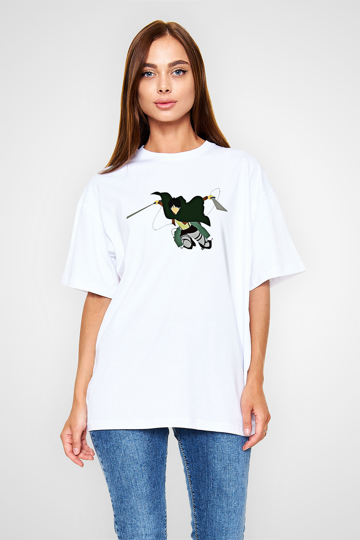 Eren Jaeger Baskılı Beyaz Unisex Oversize Tişört - Tshirt
