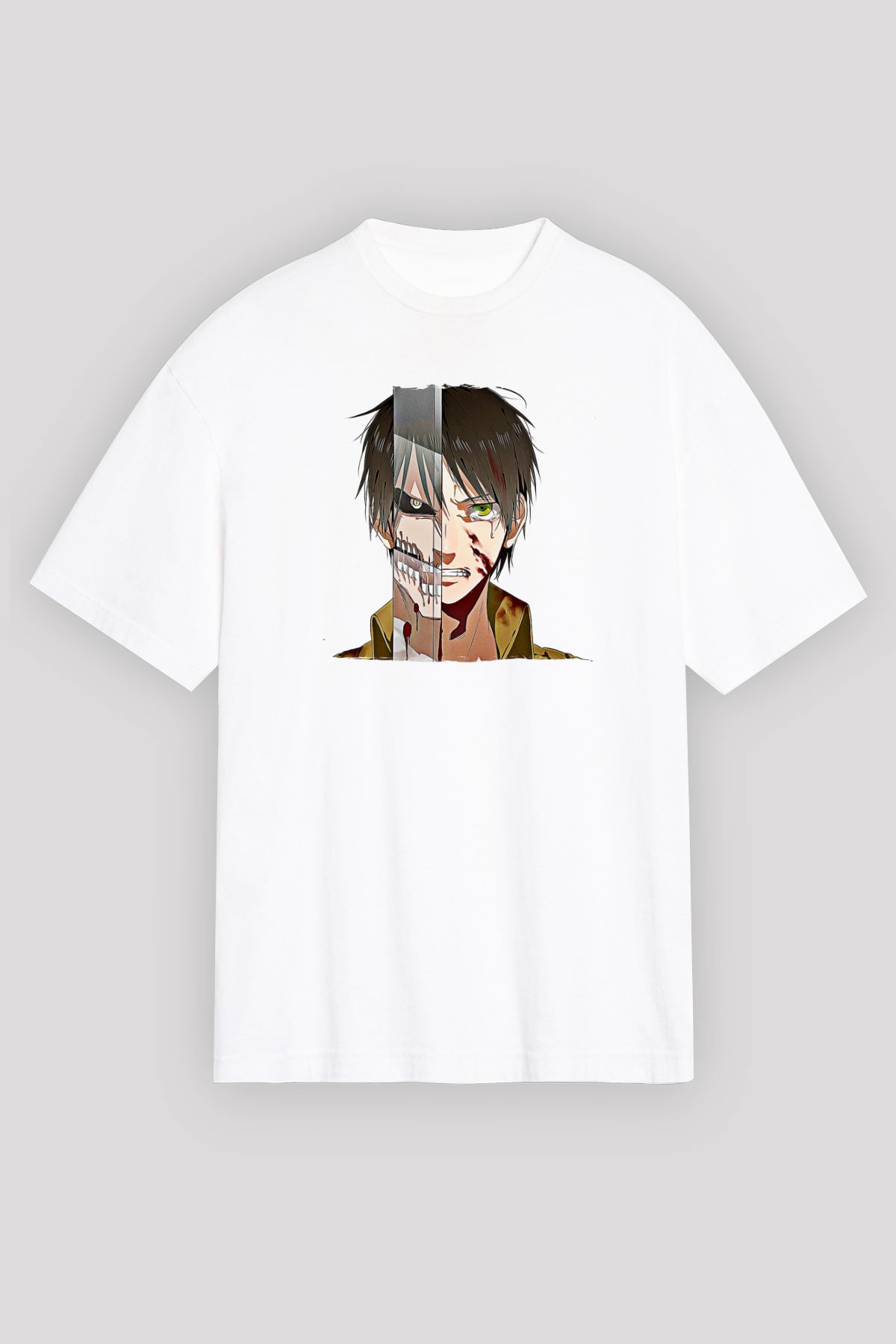Eren Jaeger Baskılı Beyaz Unisex Oversize Tişört - Tshirt