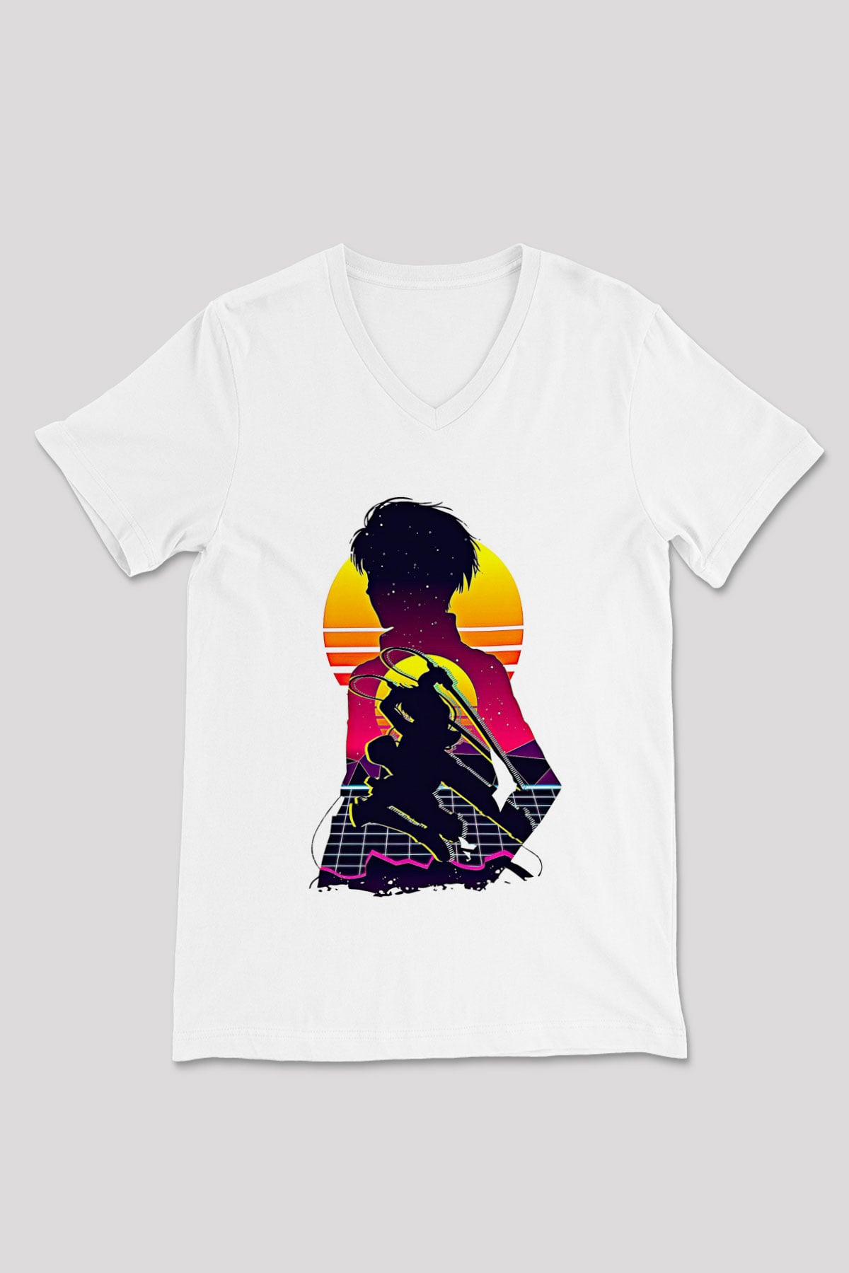 Eren Jaeger Baskılı Beyaz Unisex V Yaka Tişört - Tshirt