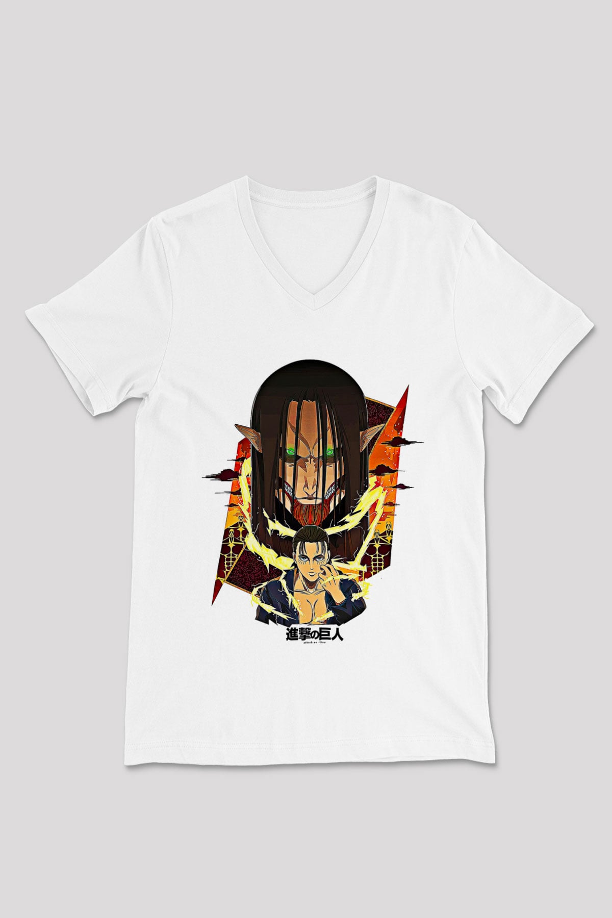 Eren Jaeger Baskılı Beyaz Unisex V Yaka Tişört - Tshirt